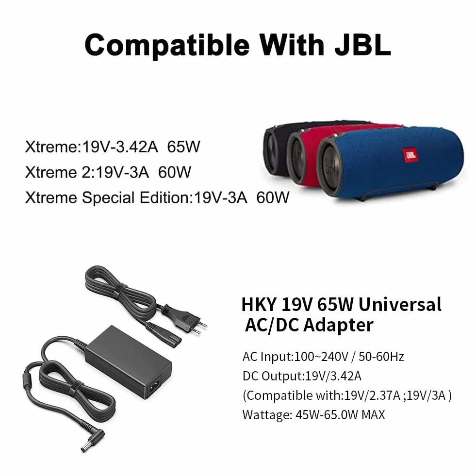 HKY 19V 65W Alimentatore Caricabatterie Caricatore per Altoparlanti Bluetooth portatile JBL Xtreme, JBL Xtreme 2/3, Xtreme Special Edition, Xtreme Plus & FUGOO XL, JBL Boombox 1/2, JBL BY HARMAN