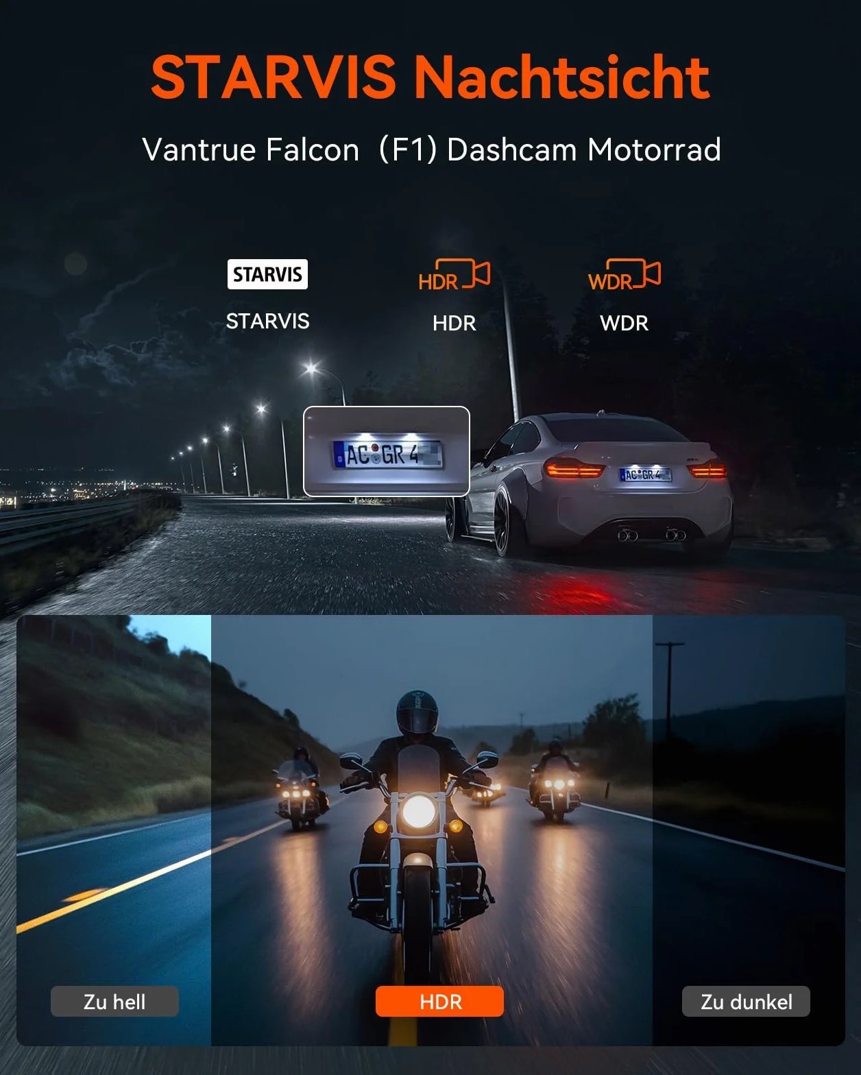 VANTRUE F1 4K+1080P Telecamera Moto Impermeabile IP67, 5GHz WiFi GPS Dash Cam Moto, Avvisi Vocali, 24H Rilevamento Collisione，Statistiche Chilometriche，WDR & HDR & APP, 300° Max 512G