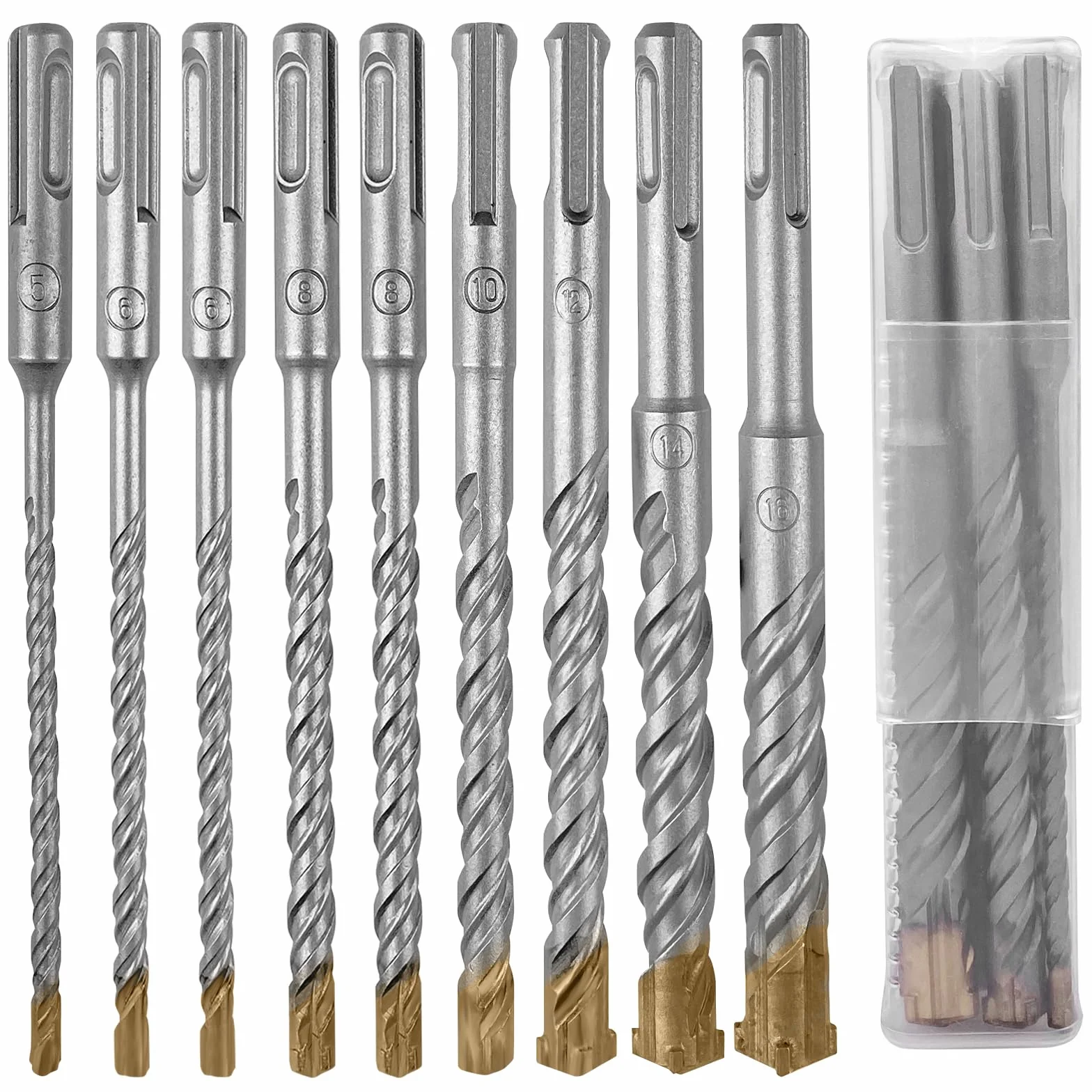 Rseuphiee Set Punte Trapano a Percussione SDS Plus, 9 Pezzi, 4 Taglienti, 5-16 x 160 mm, per Calcestruzzo Mattoni Cemento Pietra