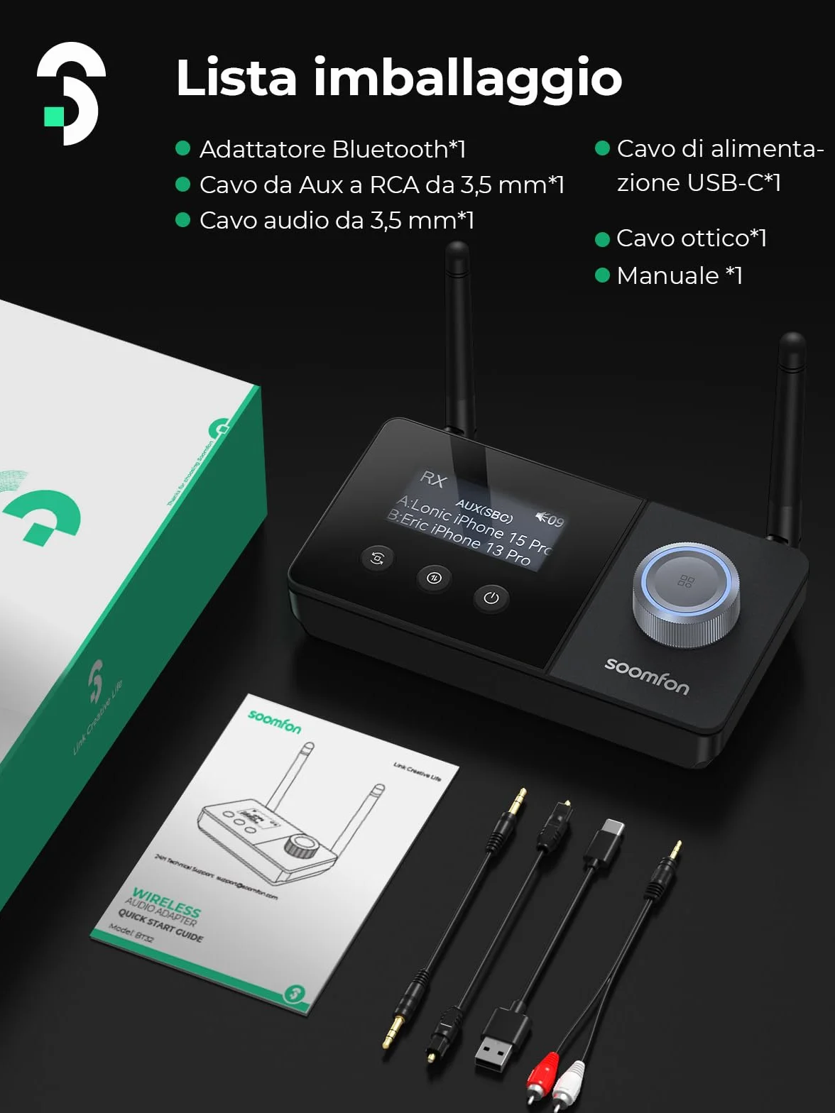SOOMFON 3 in 1 Adattatore Audio Bluetooth 5.3, Trasmettitore/Ricevitore/Bypass Bluetooth 5.3 con doppia antenna & LCD Display 1.8 pollici, per TV, Cuffie, PC, HiFi, Casse, Aux/Ottico/RCA, Nero