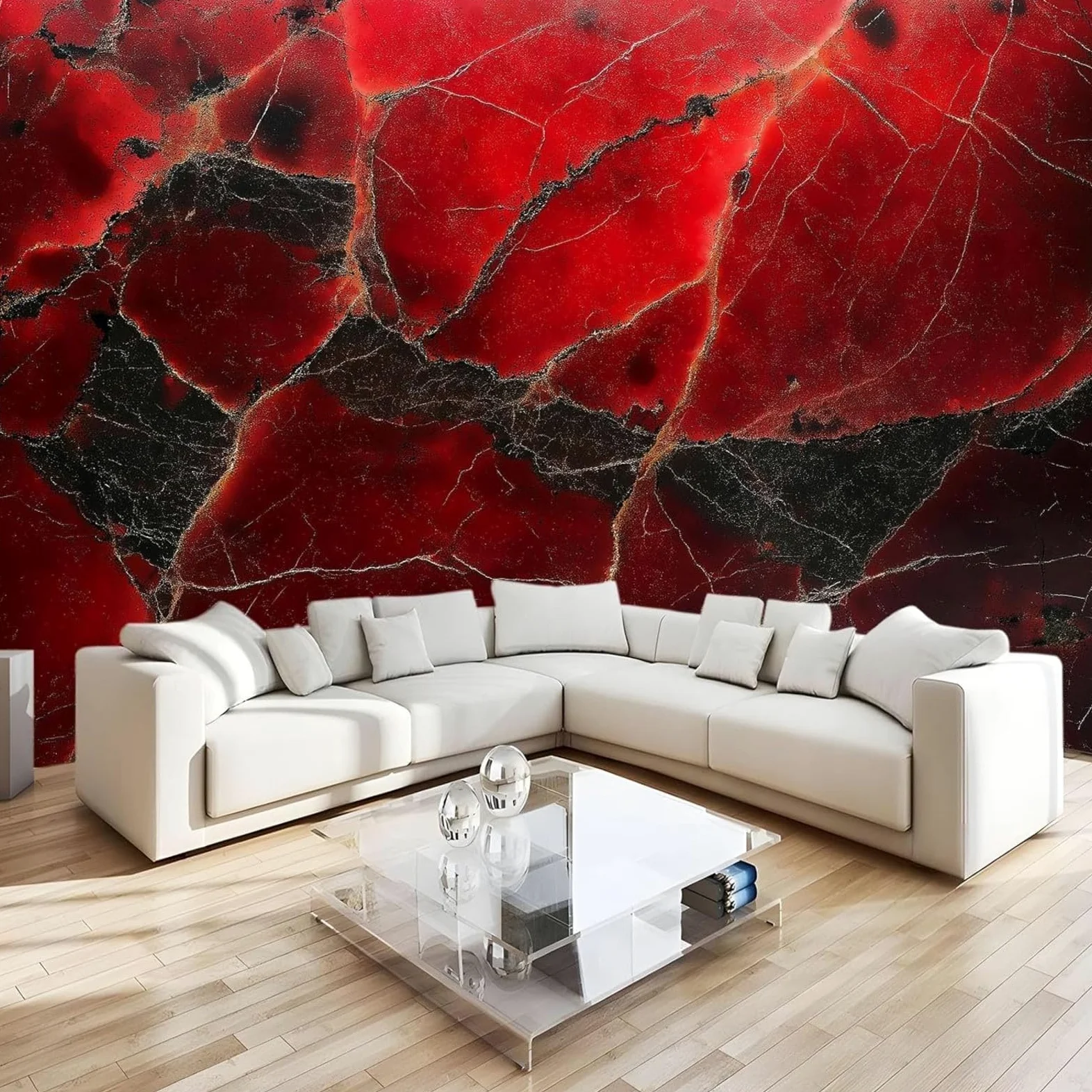 fotografica in tessuto non tessuto, effetto marmo, rossa, murale con muro di mattoni, decorazione murale, soggiorno, camera da letto, appartamento, rosso, 250 cm x 175 cm