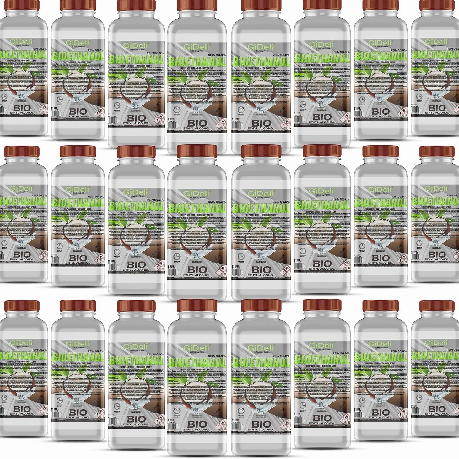 GiDeli Bioetanolo 24 x 1 l profumo di cocco 96,6% etanolo per camini interni ed esterni, senza fumo e fuliggine, da mais e barbabietola da zucchero