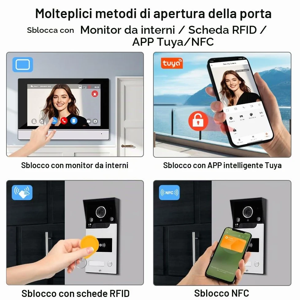 WiFi Video Interfono Sistema di Ingresso a Campanello, 7inch 1080P HD Videocamera a Campanello Visione Notturna IR, Registrazione di Supporto, Scheda RFID/TUYA APP Sblocco