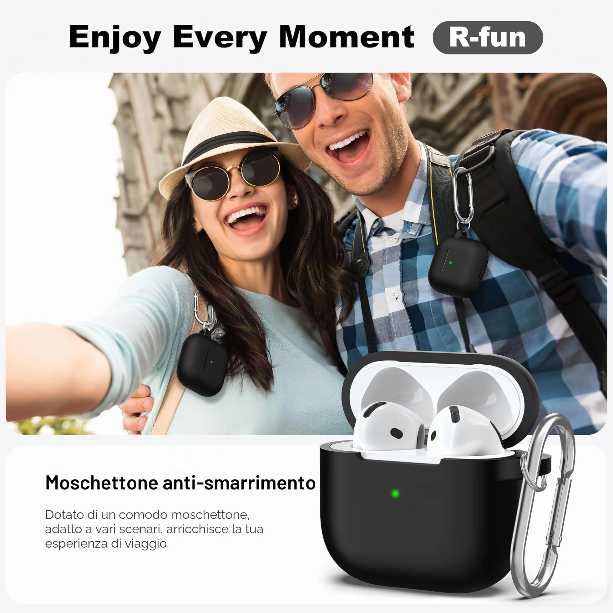 R-fun Custodia per Airpods 4, custodia morbida in silicone con portachiavi, copertura protettiva completa compatibile con Airpods 4th di Apple, Nero