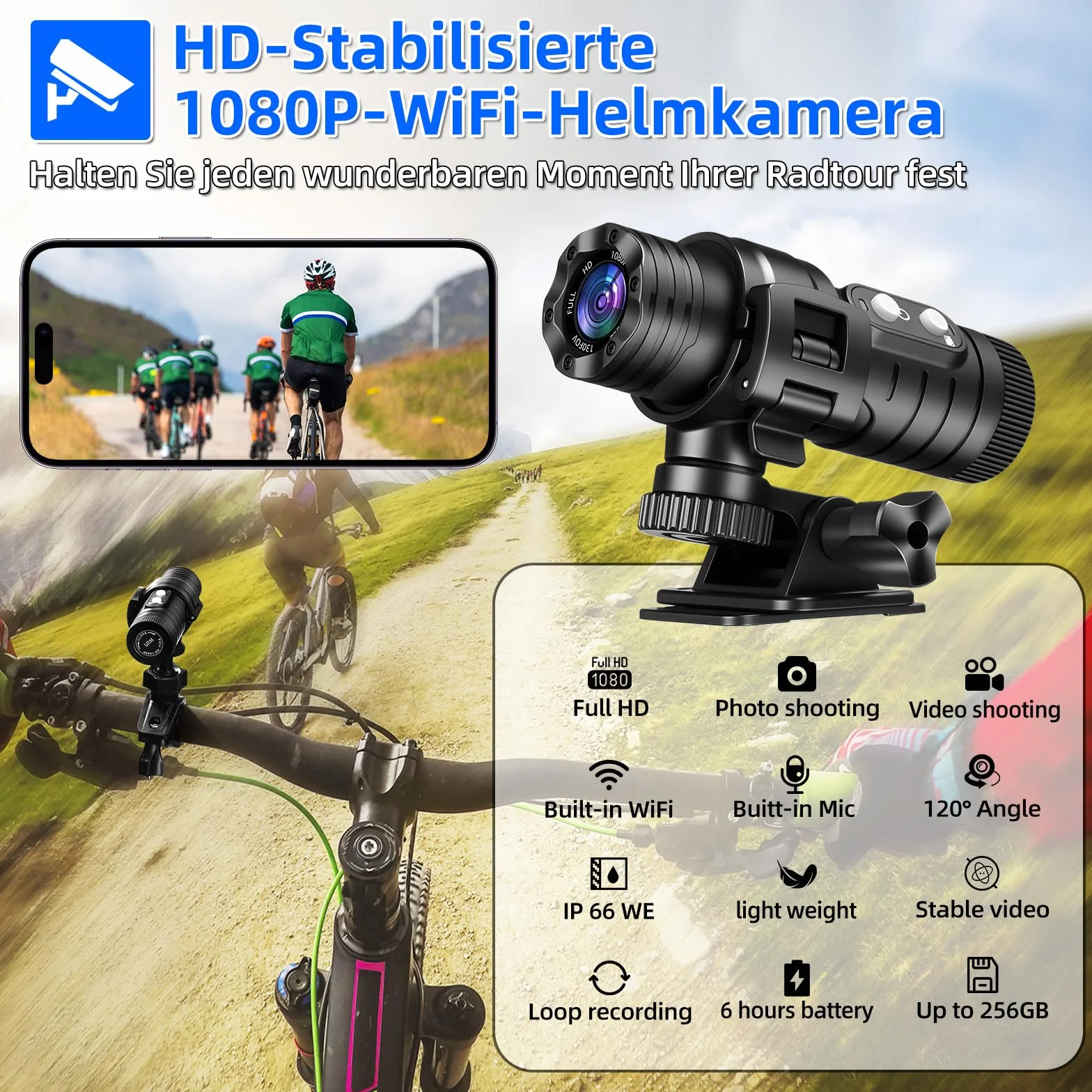 AIKER Dash cam Moto Professionale,Versione Aggiornata WiFi Action Cam IP66 Impermeabile,1080PHD&Angolo Ampio Di 120°Telecamera Moto,Regolazione Automatica Del Livello Dashcam Moto,Facile Da Collegare