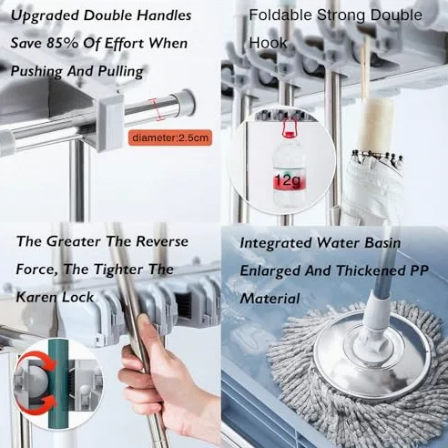 Portascope e mocio in acciaio inox con ganci, organizer da pavimento per garage, giardino, scuola