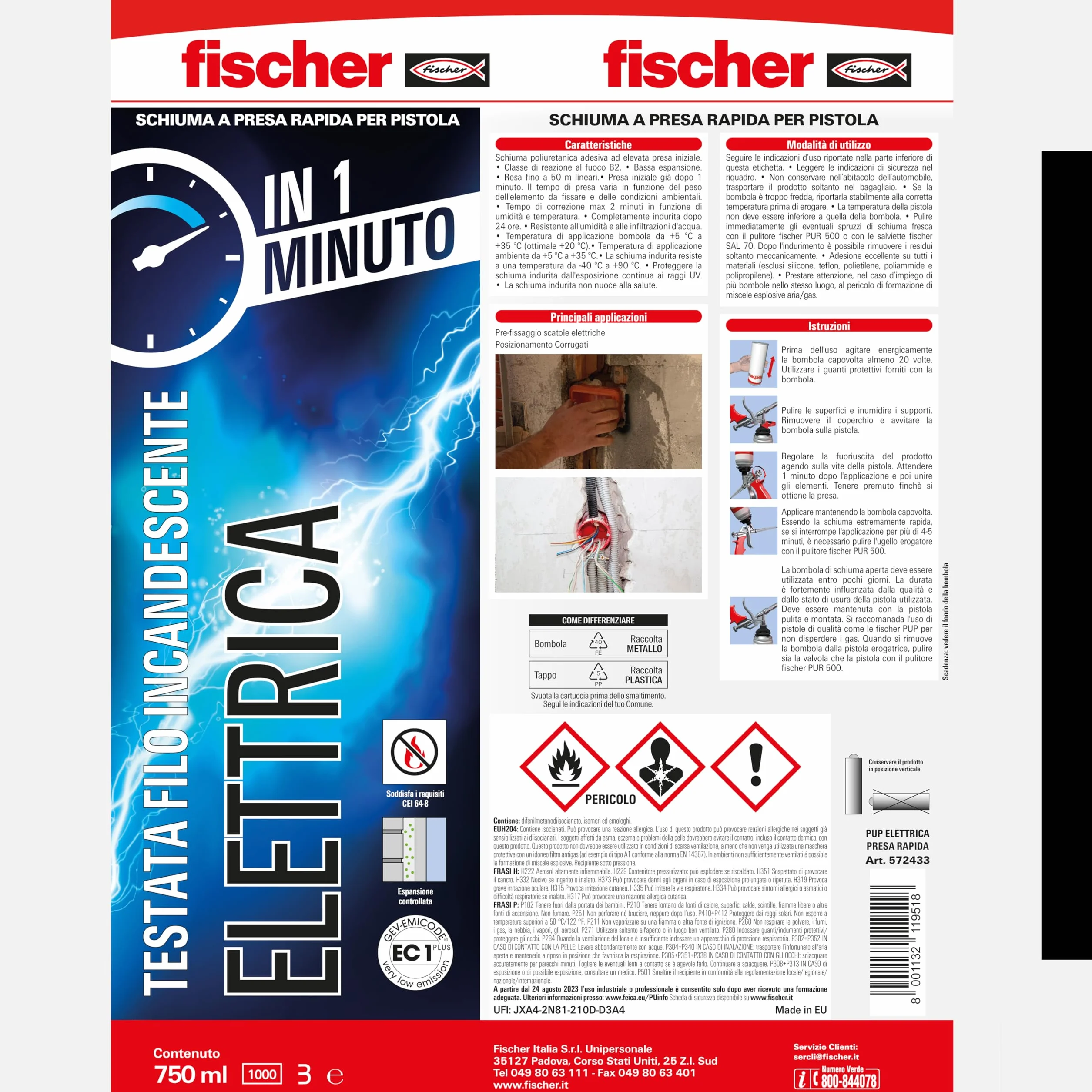 Fischer PUP Schiuma Elettrica a Presa Rapida 60 Secondi Testata a Filo Incandescente per Canaline e Scatole Elettriche