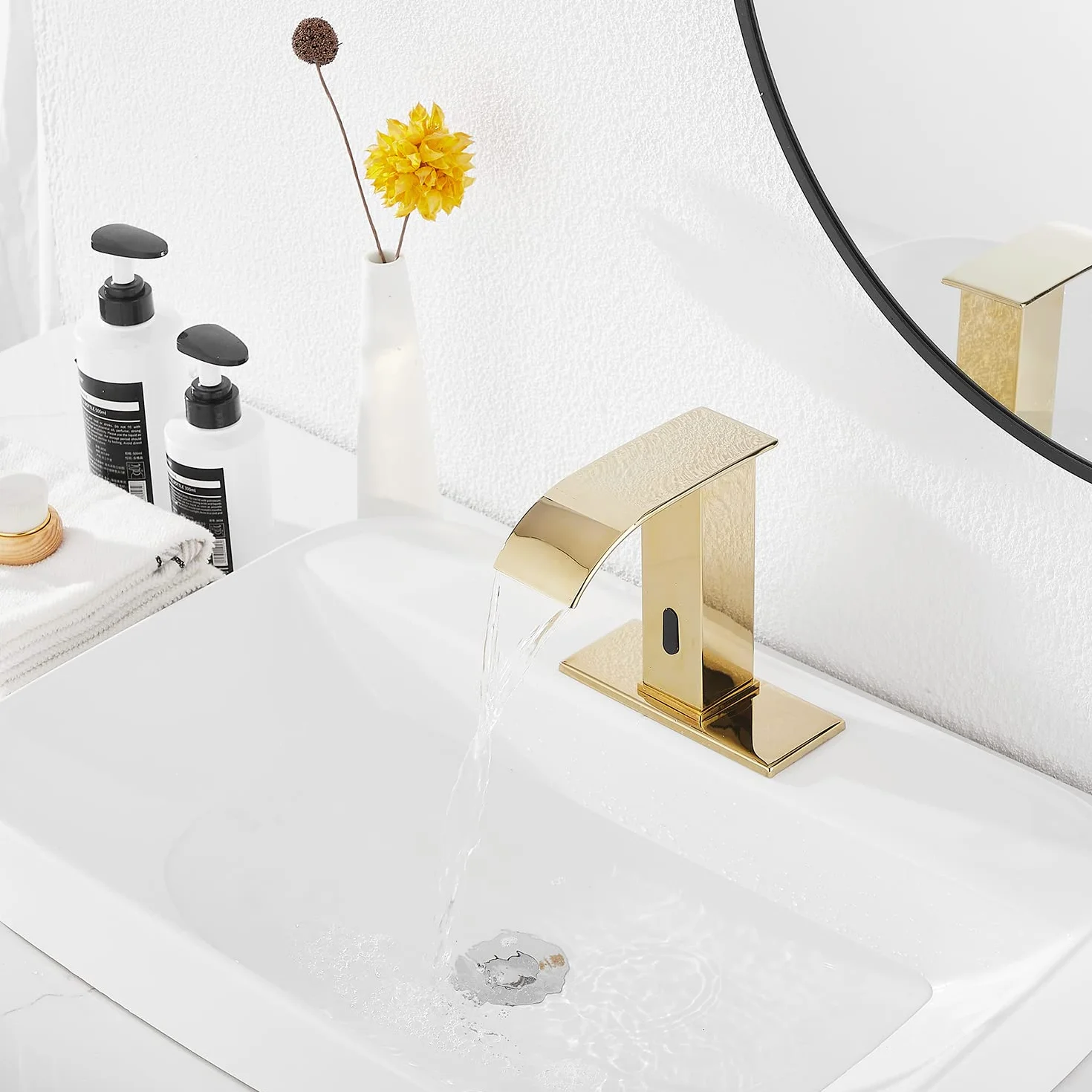 Oro Lucido Bagno Rubinetto Touchless Sensore Automatico Lavandino con Coperchio Foro Rubinetto Vanity Mani Free Cascata Scatola Controllo Miscelatore Temperatura