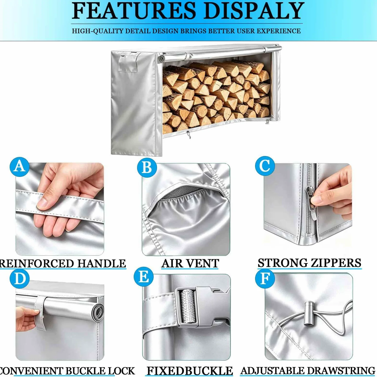Copertura per Legna da Ardere | Tessuto 600D Oxford Impermeabile | 4/5/6/8/10/12 FT | Doppio Sistema di Ventilazione | Manici Rinforzati (Non Include Portapacchi),Argento,244x61x122cm