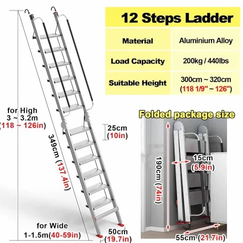 Scala pieghevole in alluminio con gancio per una maggiore sicurezza, ideale per tetto, garage, pozzo finestra e accesso al letto alto, 12 gradini h-350 cm/11,5 piedi