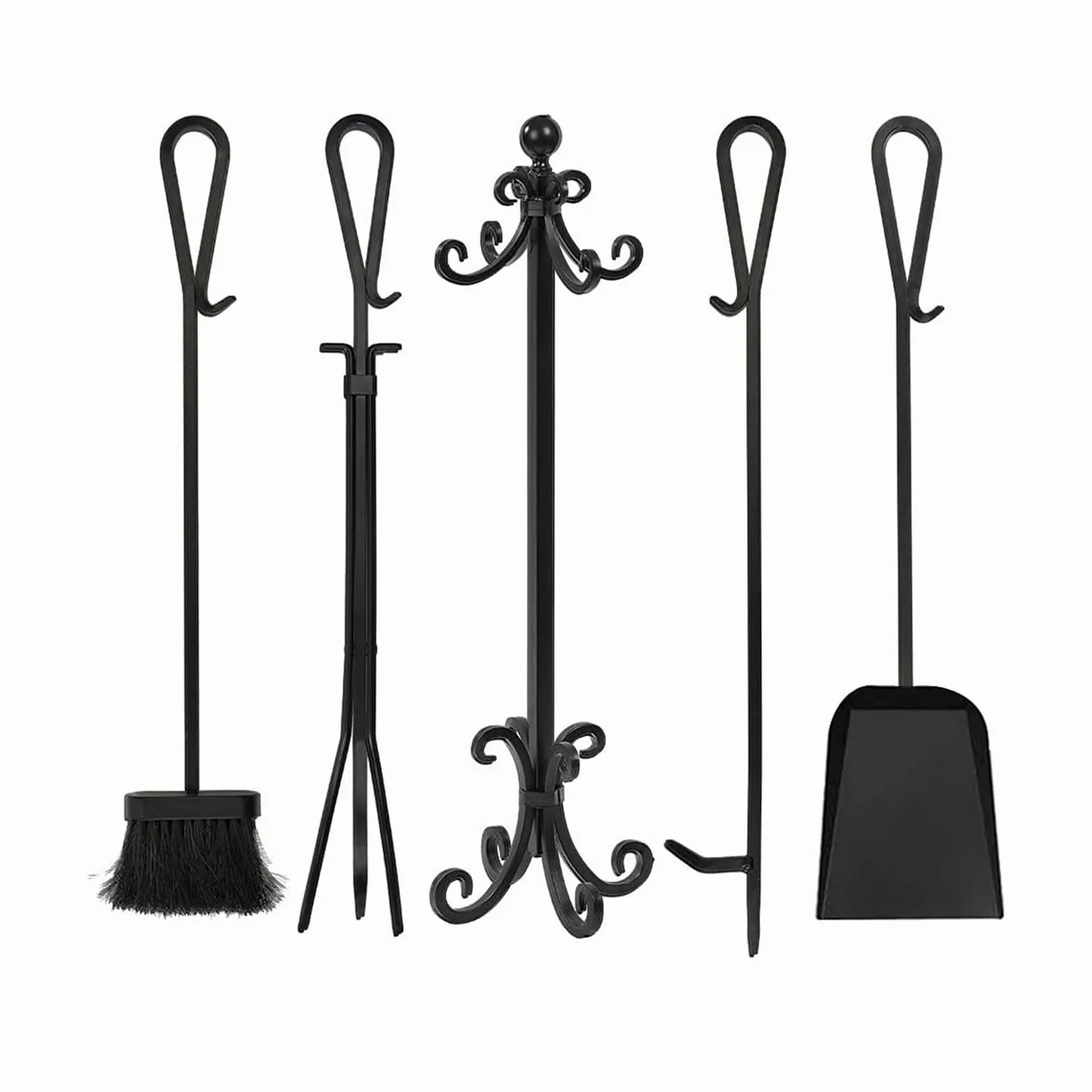 Set di attrezzi per camino, in ferro battuto resistente, set di 5 attrezzi per braciere con pinza, pala, attizzatoio e spazzola, per interni ed esterni, kit di accessori invernali