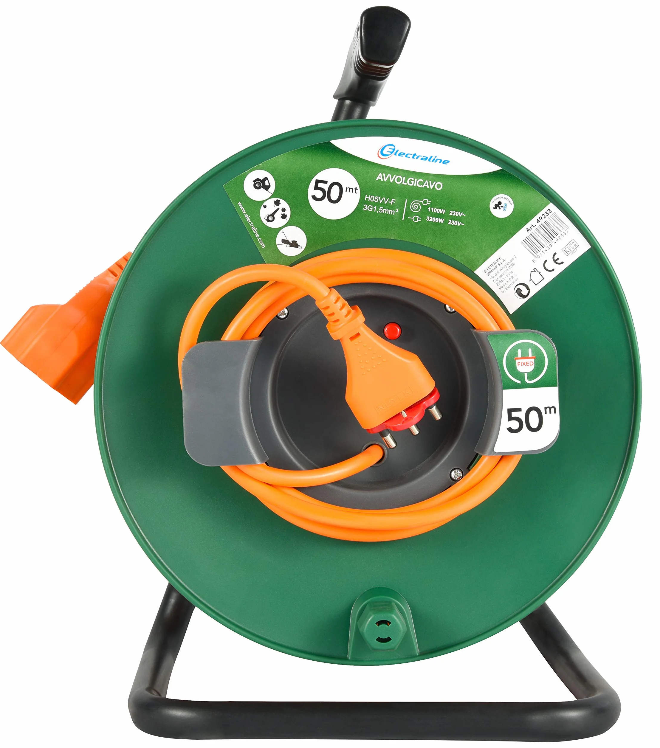 Electraline 49233 Prolunga Giardino con Avvolgicavo 50 mt Spina 16A e Presa Polivalente (Schuko + 10/16A) Adatta per Elettrodomestici da Giardinaggio, con Protezione, Verde/Arancione