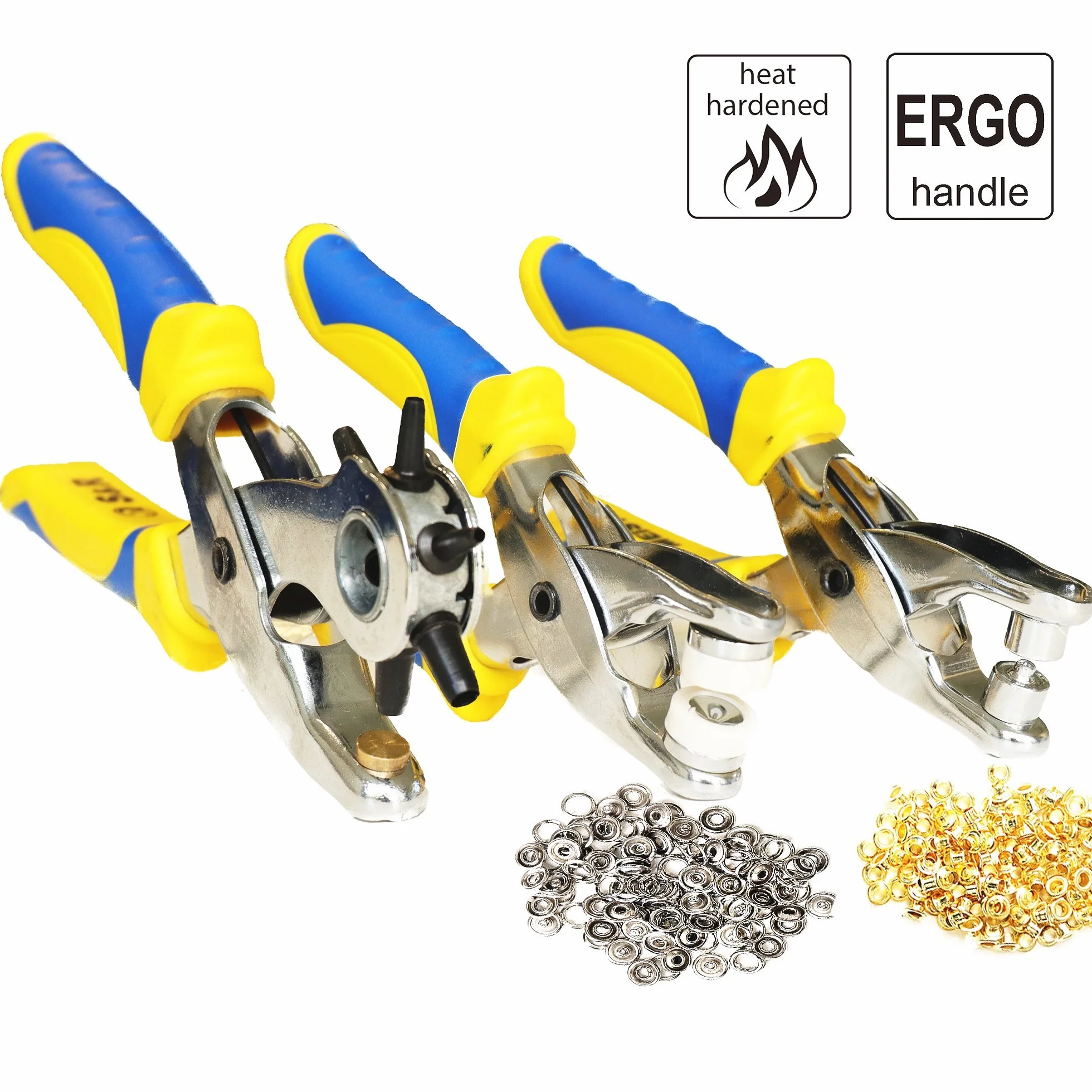 S&R Fustellatrice Occhiellatrice Perforatrice Cuoio Set 3 Pinze 100 Occhielli 4mm 25 Bottoni Borchie 9mm Fustelle 2-4,5mm
