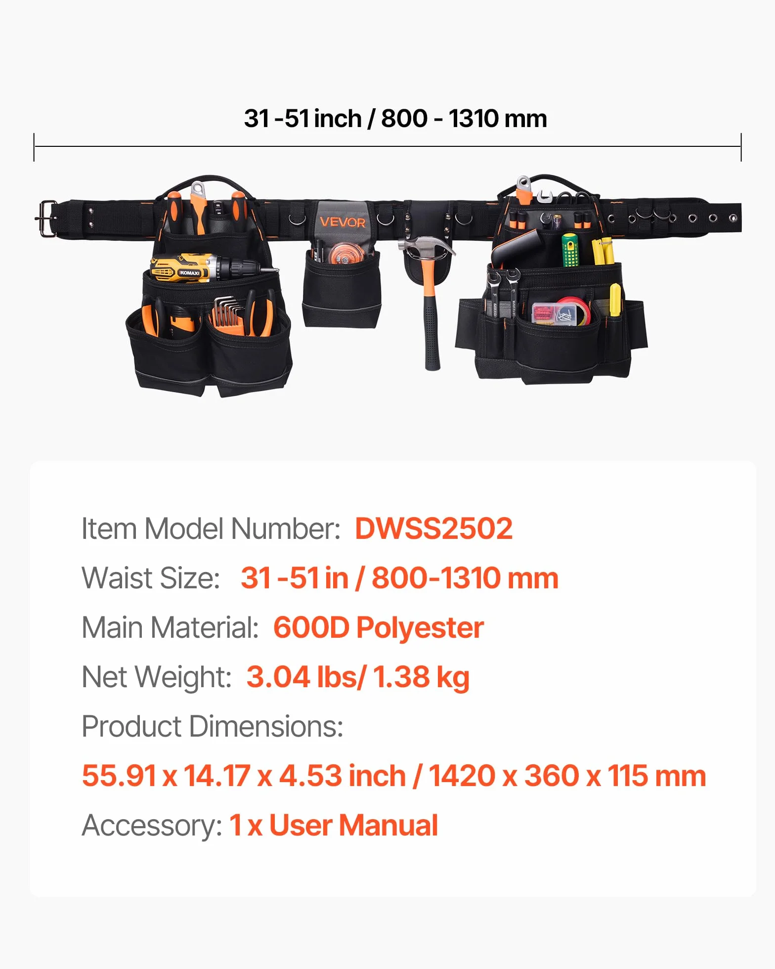 VEVOR Marsupio Porta Attrezzi Elettricista 18 Tasche Borsa Lavoro Staccabile Vita Regolabile 80-131 cm