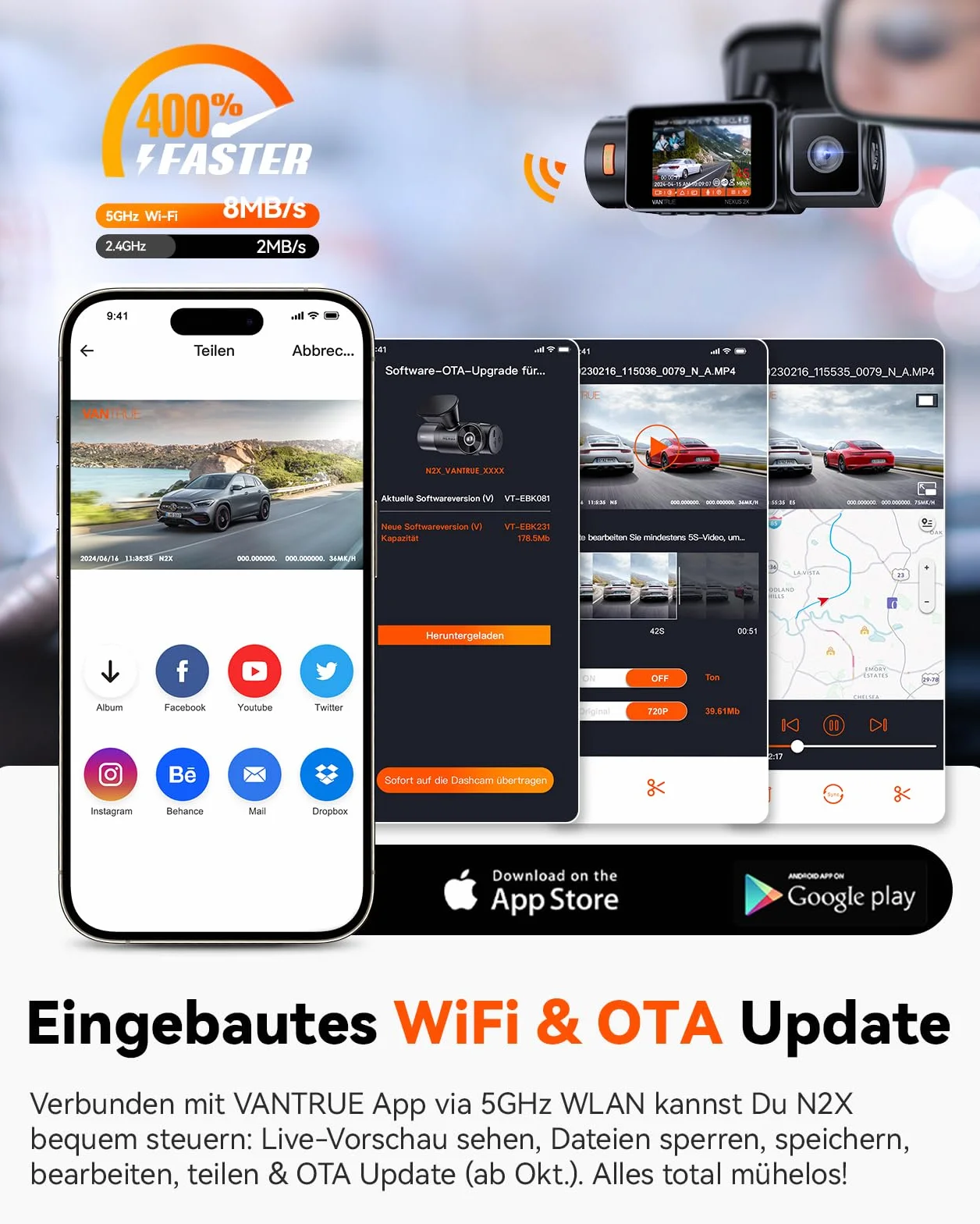 VANTRUE N2X 2.7K+1080P Telecamera per Auto Anteriore Interna, STARVIS 2 Doppia HDR Dash Cam Infrarossi, 2.5K/60FPS Frontale, 5GHz WiFi GPS, APP & Controllo Vocale, 24/7 Modalita Parcheggio, Max 512GB