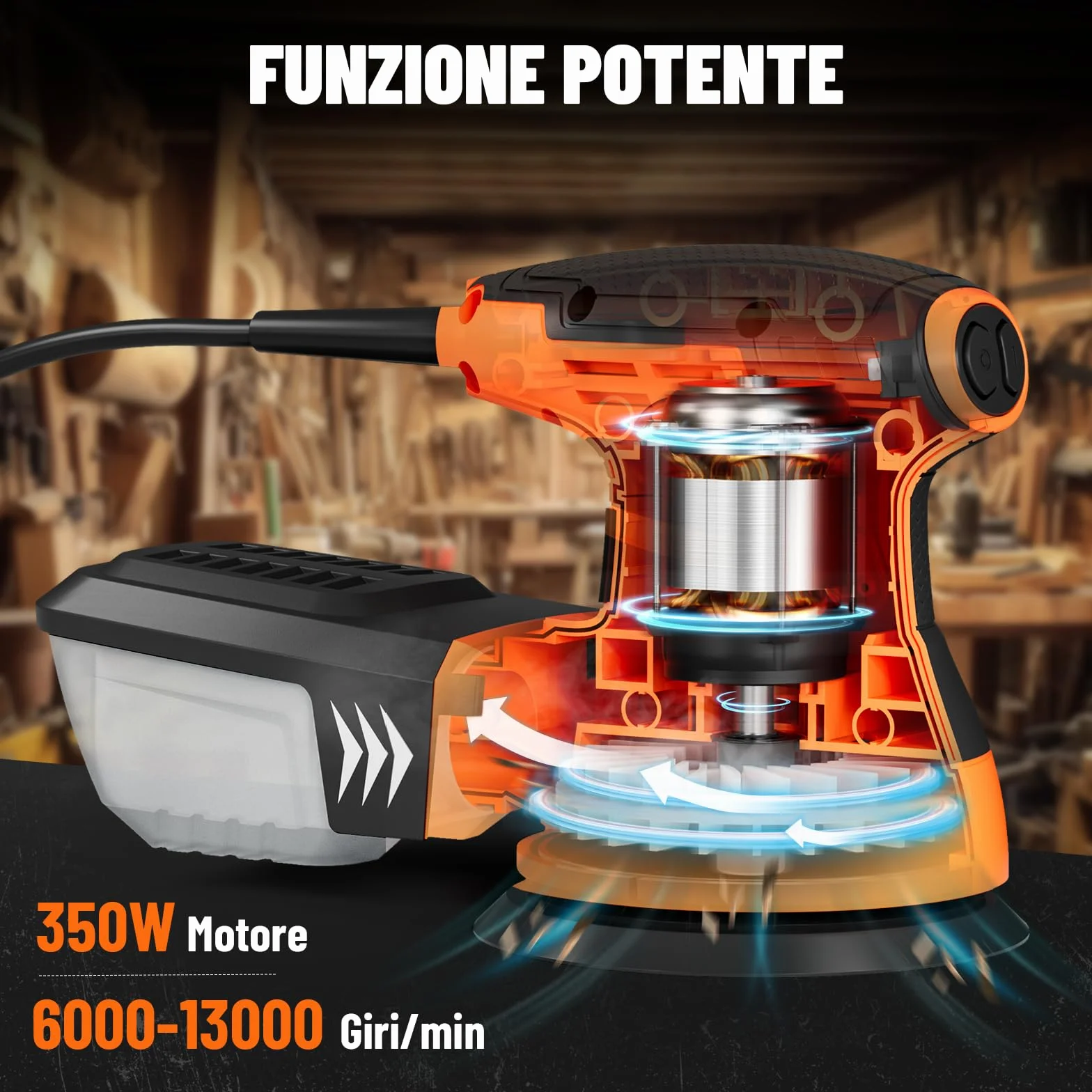 DOVAMAN ROS01A Levigatrice Orbitale,350W, 6 Velocità Variabili, 13000 RPM, 12 Fogli Abrasivi, Disco da 125mm, Raccolta della Polvere, Levigatrice Elettrica per Superfici in Legno e Acciaio