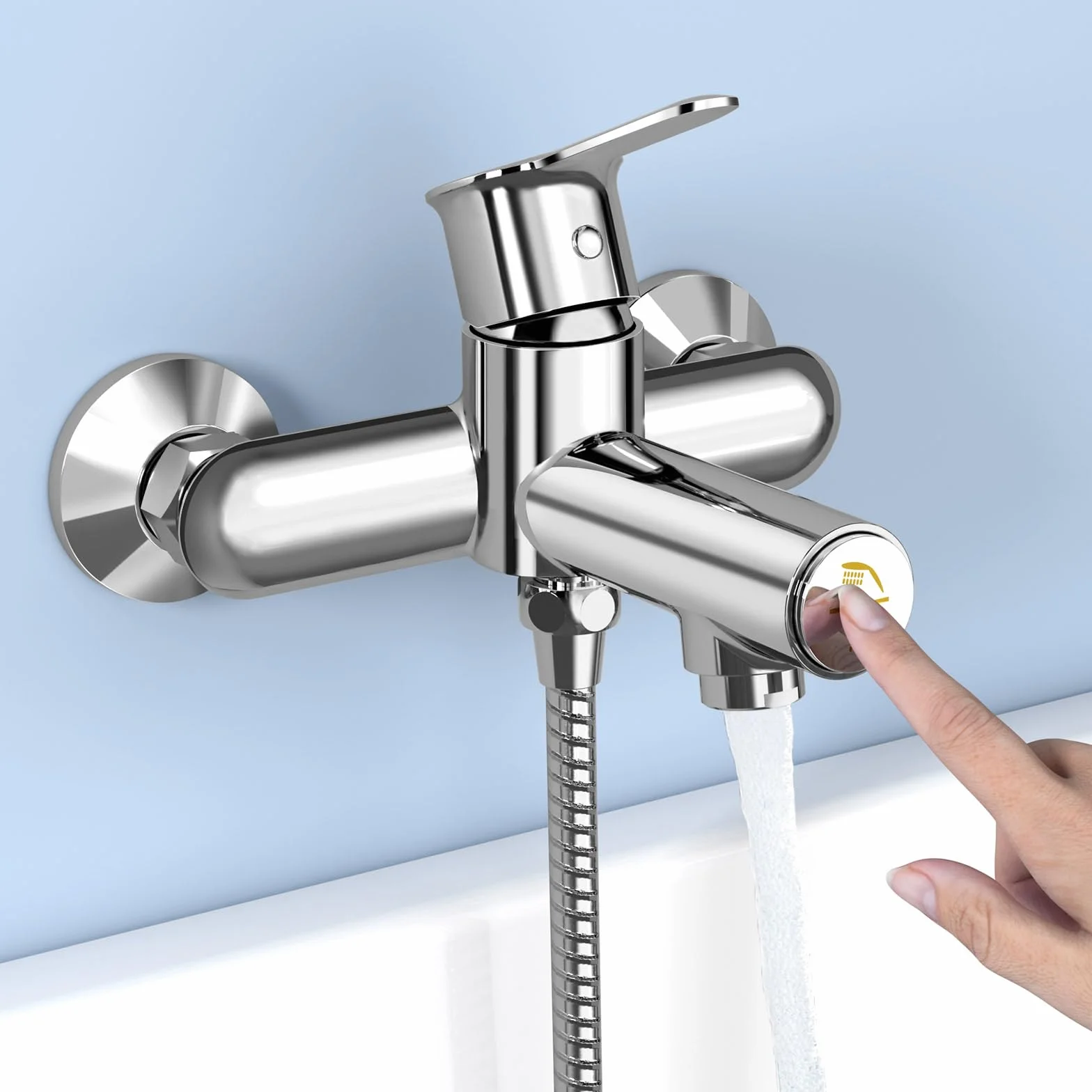 Rubinetto per vasca da bagno in ottone cromato con interruttore a pressione, miscelatore monocomando a parete