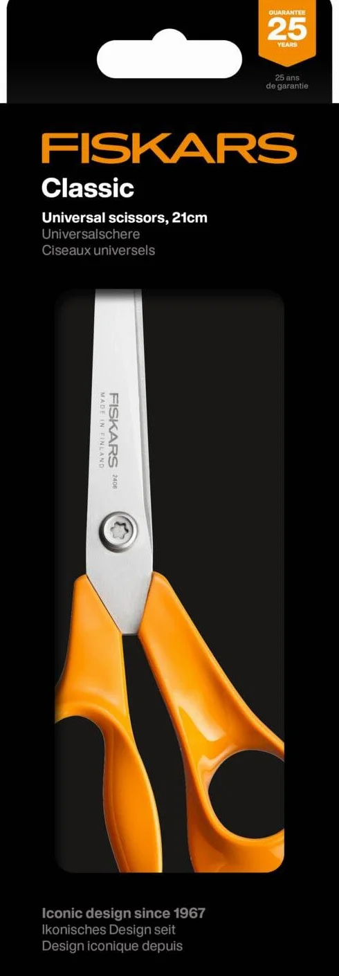 Fiskars Classic, Forbici da Cucina Universali, Per Destrimani, Lunghezza Totale: 21 cm, Vite Torx, Impugnatura Ergonomica, Imballaggio Sostenibile, Acciaio/Plastica di Qualità, Arancione, 1075031