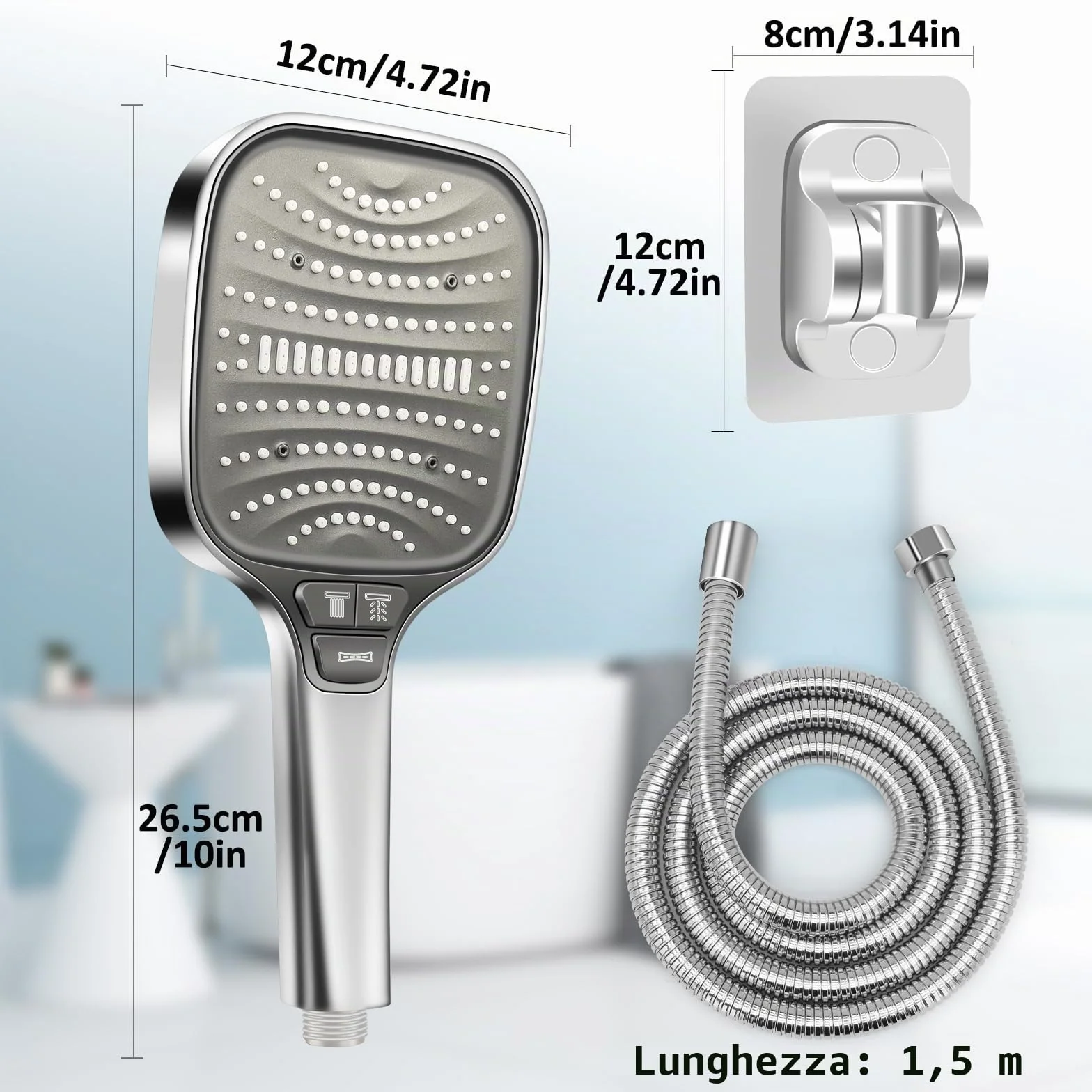 HNOOM Kit Doccia Completo, Soffione Doccia Quadrato 120mm Alta Pressione + Tubo 1.5M + Supporto Senza Fori, 8 Modalità, Anticalcare, Universale per Doccia Bagno（Argento）