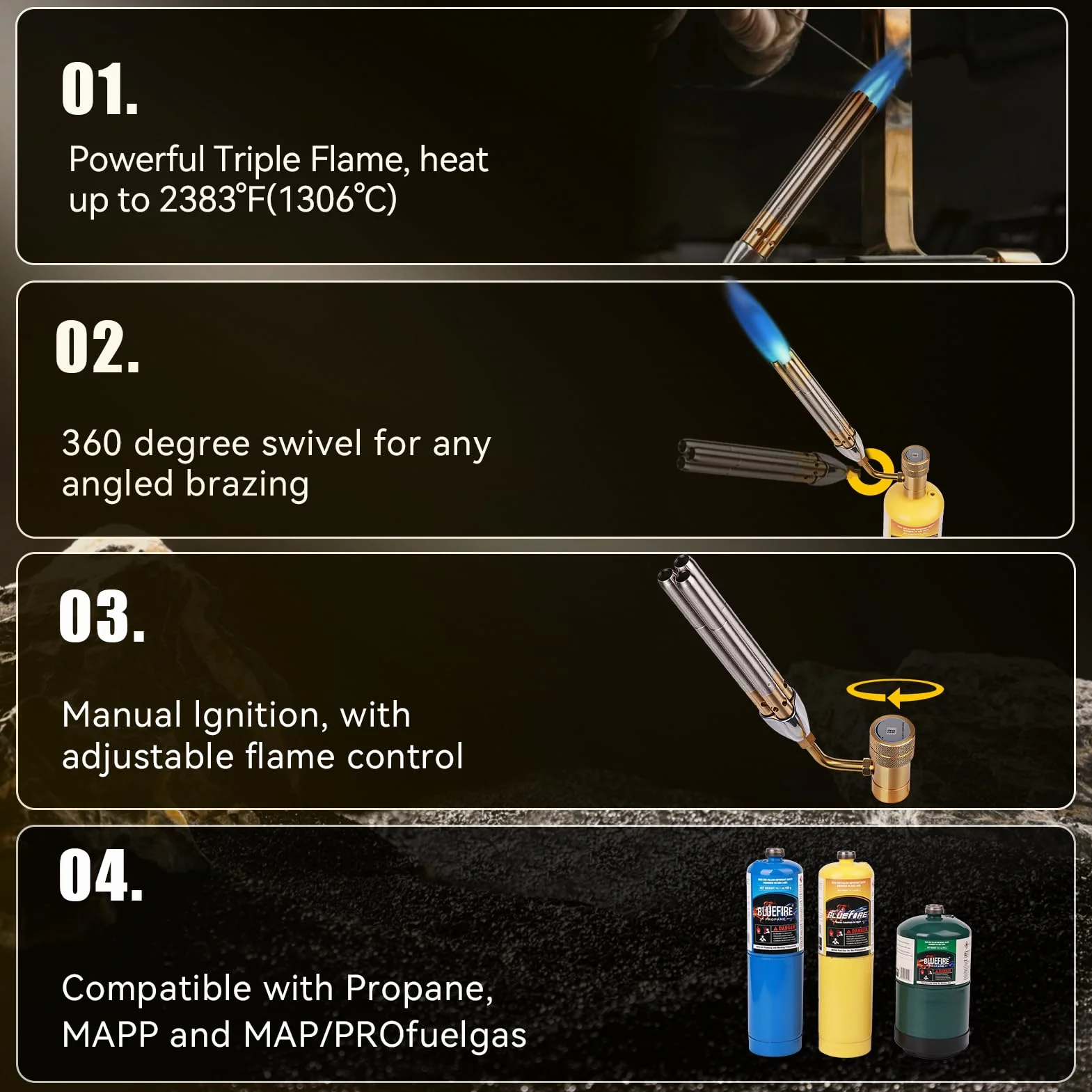 BLUEfire Torcia Turbo a getto a tripla fiamma Trigger Start Cucina Ricerca Saldatura a gas Carburante MAPP MAP Pro Propano Base stabilizzatrice libera