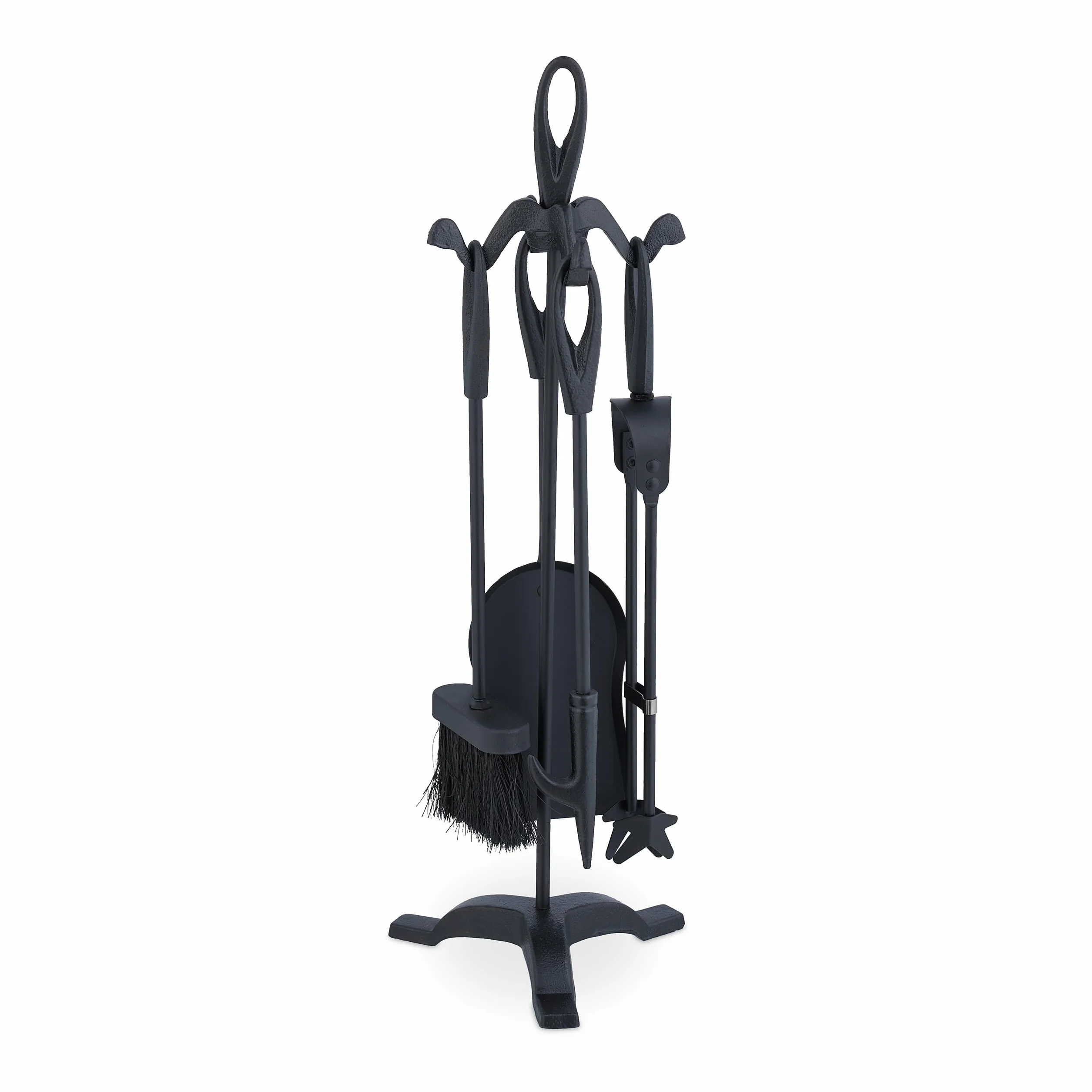 Relaxdays Set 5 Attrezzi da Camino o Stufa, Attizzatoio, Pala, Scopino, Pinza e Supporto Utensili Caminetto, Ferro, Nero