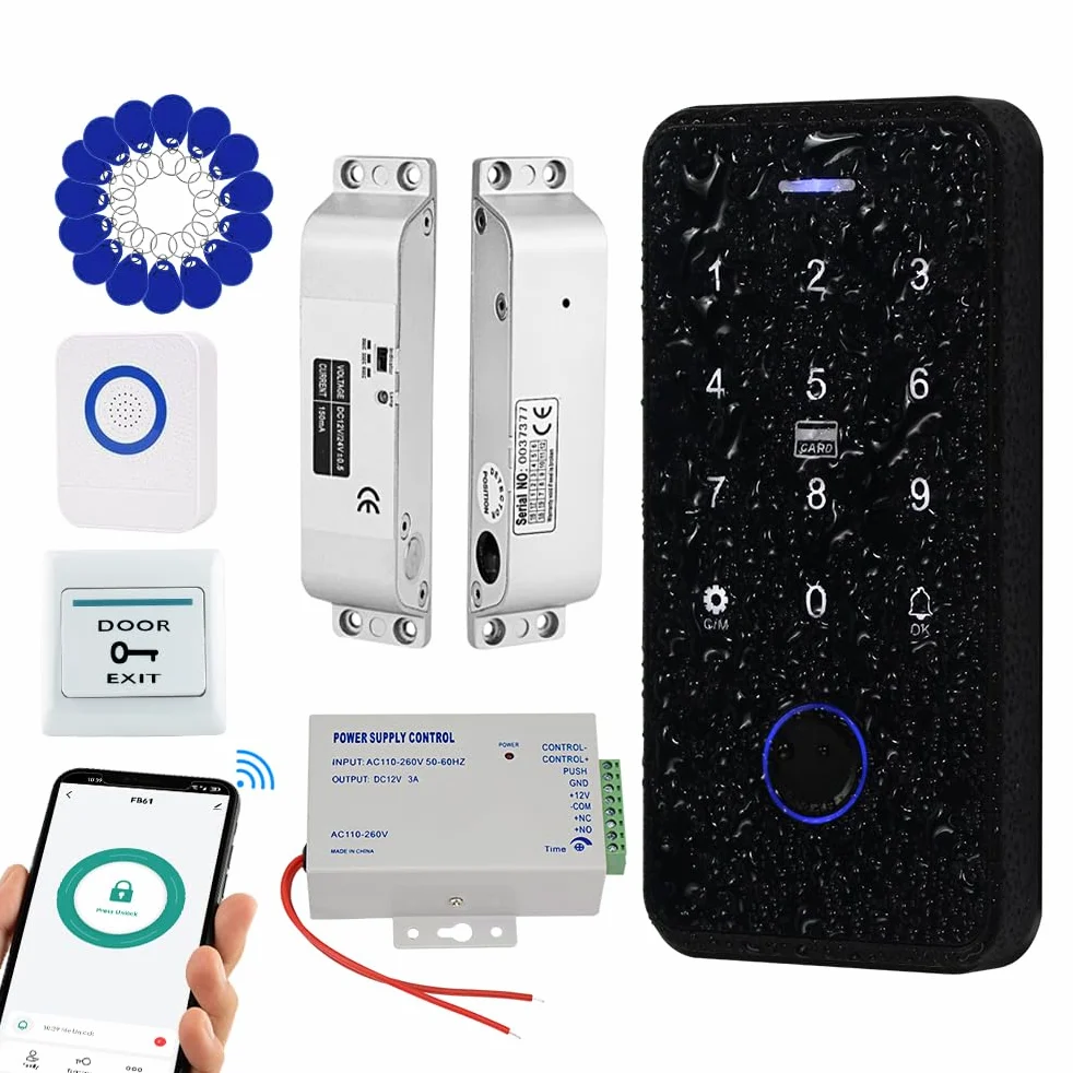 TUYA Kit di Controllo Degli Accessi Impermeabile,Tastiera Touch RFID,Serratura Elettronica a Chiave,Alimentazione 3A,Pulsante del Cambio,Campanello Cablato,15 Chiavi da 13,56MHz