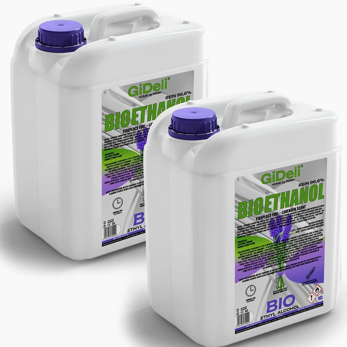 GiDeli Bioetanolo 2 x 10 l, profumo di lavanda, 96,6% etanolo, per caminetti interni ed esterni, senza fumo e fuliggine, da mais e barbabietola da zucchero