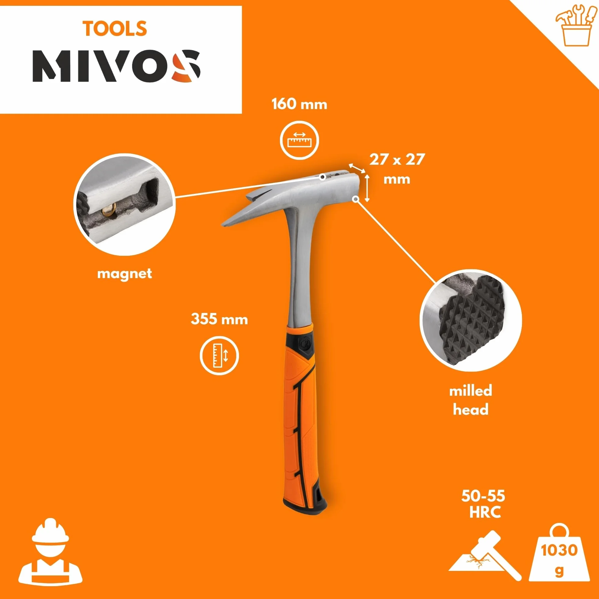 Mivos Martello da Carpentiere 600 g - Martello Professionale con Magnete per Falegname e Artigianale - DIN 7239 - Acciaio al Carbonio Temprato