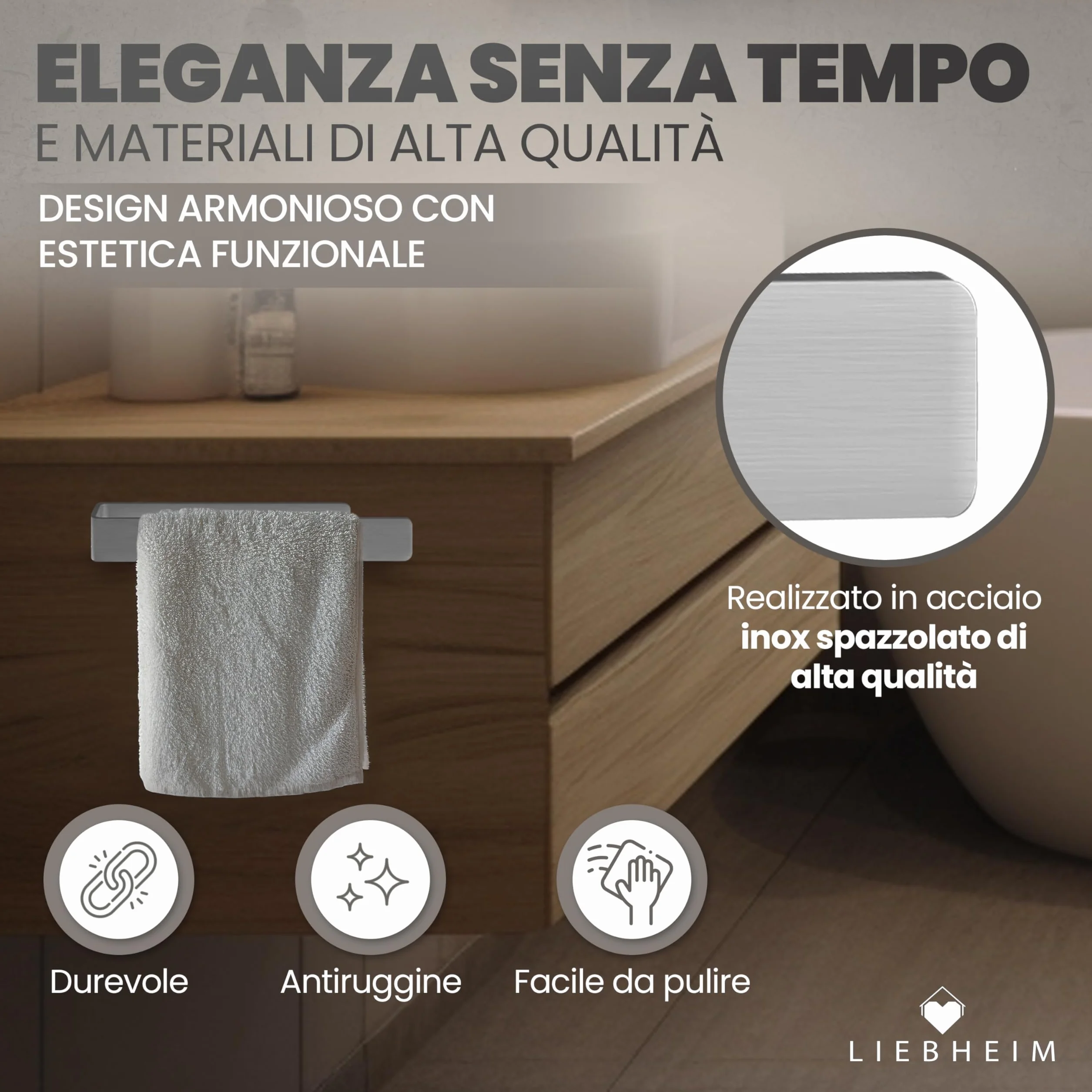 LIEBHEIM Barra portasciugamani in acciaio inox 22 cm senza forare nastro adesivo extra large