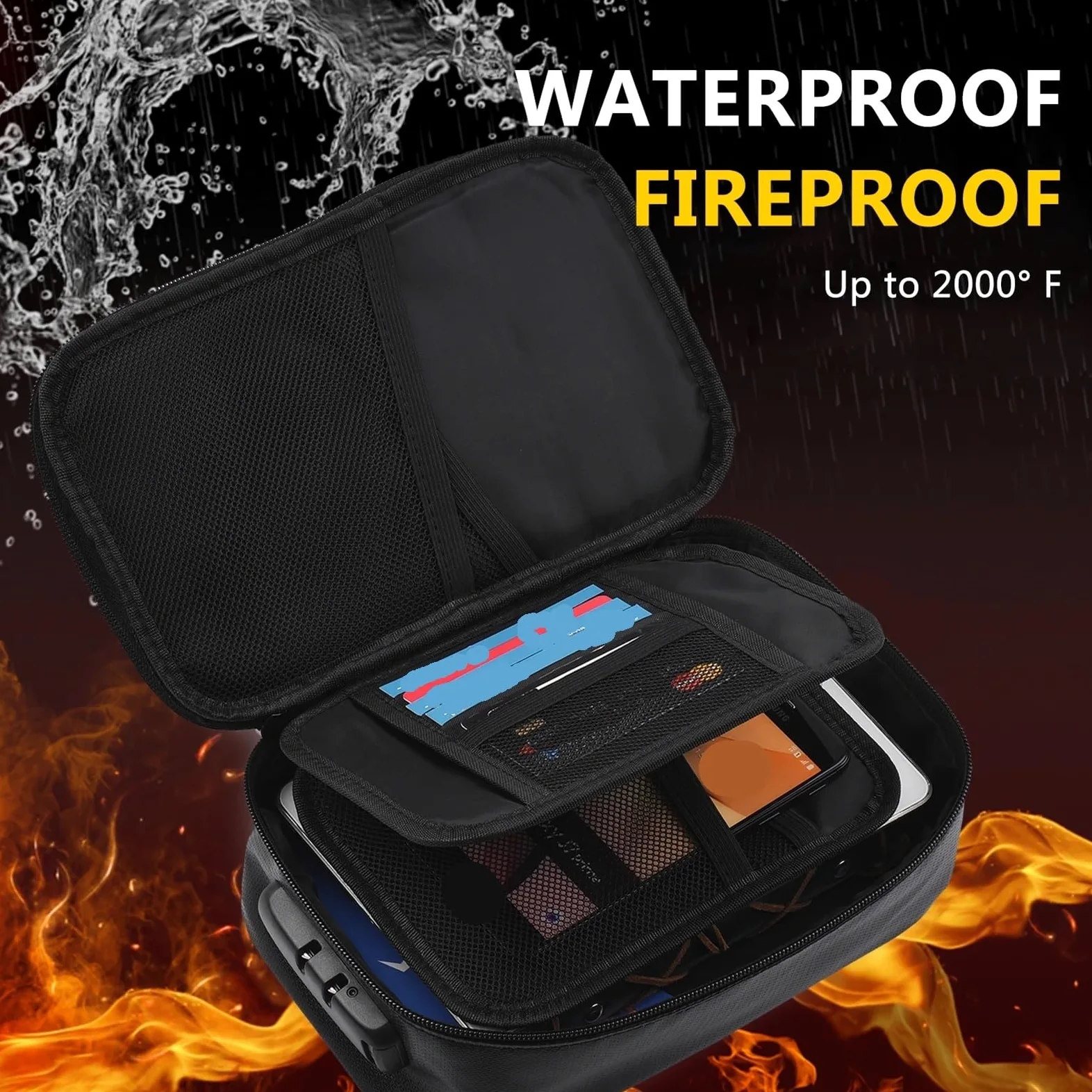 Borsa for Documenti ignifuga Organizer di Sicurezza Chiusura con Cerniera Custodia for Soldi Resistente al Fuoco e all'Acqua Custodia for Carte Multistrato(Black)