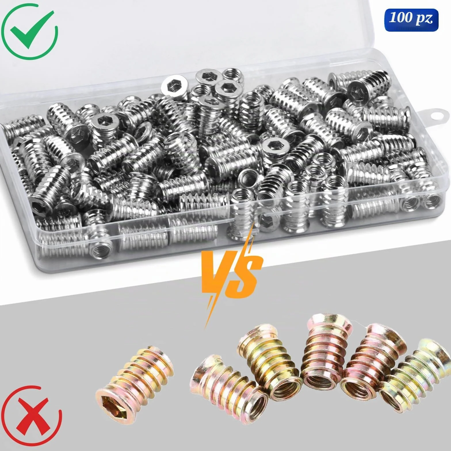 100 dadi di avvitamento M6 x 20 mm, inserto filettato in legno, inserti filettati in acciaio zincato, manicotto filettato a esagono incassato per mobili in legno