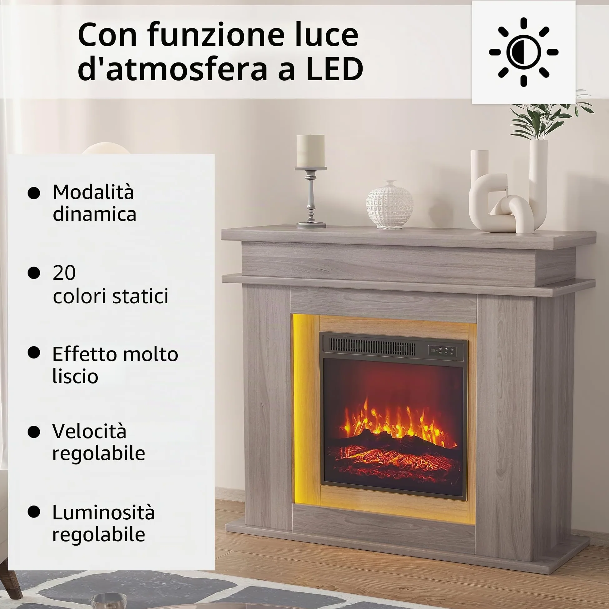 Camino elettrico da 40 cm con effetto LED 3D, effetto fiamma realistico con riscaldamento reagl, timer, striscia LED in 20 colori, telecomando (rovere)