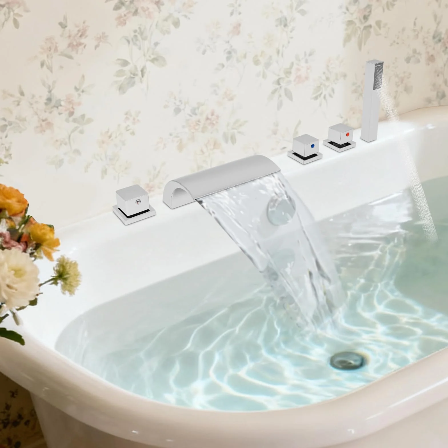 Rubinetto per vasca da bagno a 5 fori a cascata Set doccia con doccetta