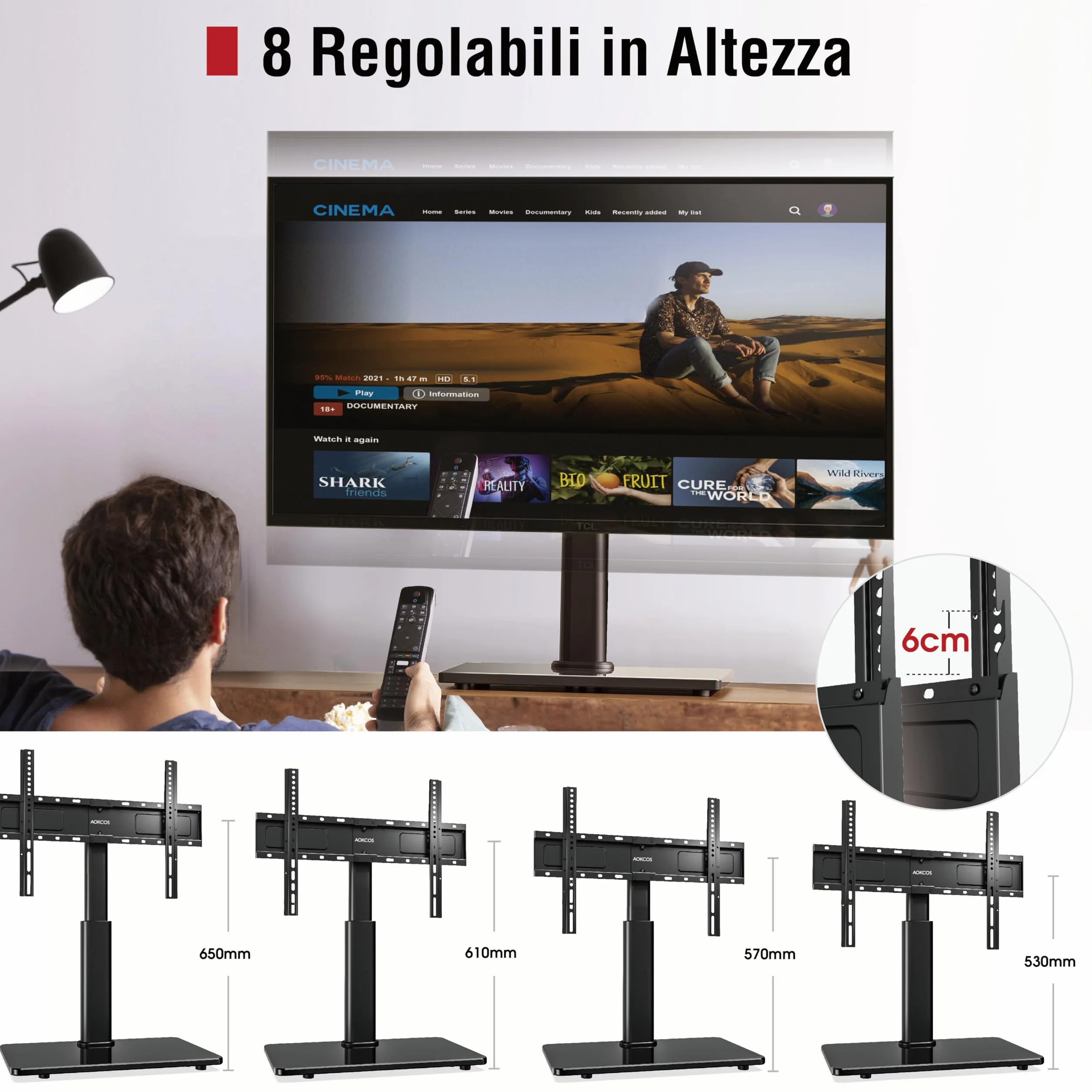 AOKCOS Supporto TV da Tavolo Inclinabile per 32-55 65 70 75 Pollici, Girevole Altezza Regolabile Piedistallo TV con Base, Mobile Porta TV Max VESA 600x400mm 45KG