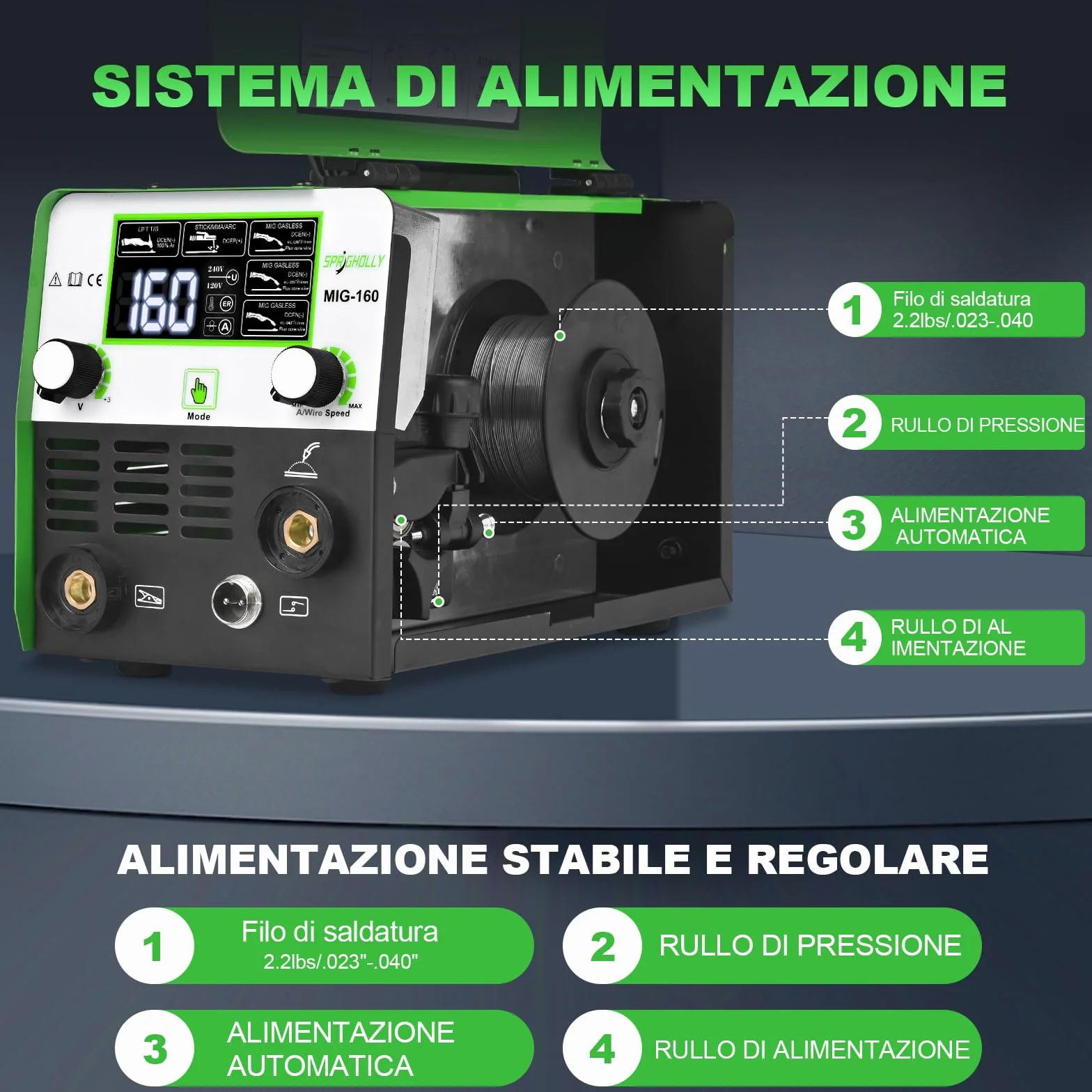 Saldatore Inverter IGBT 160 A 230 V MIG/MMA/Lift TIG 3 in 1 con Display LED
