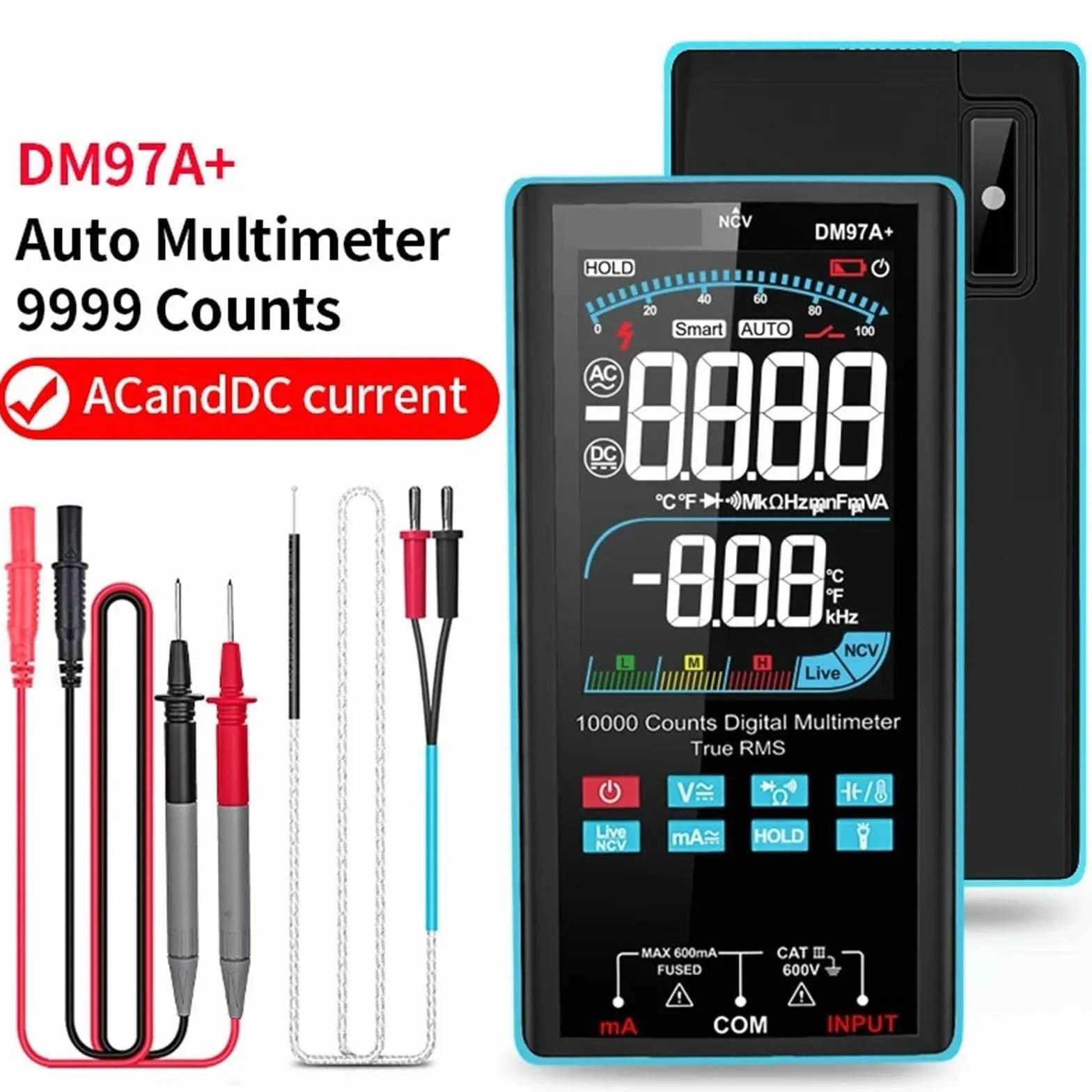Multimetro con schermo a colori da 10000 conteggi, misurazione della temperatura, multimetro intelligente, multimetro digitale a vero valore RMS NCV, misuratore di tensione(DM97A color)