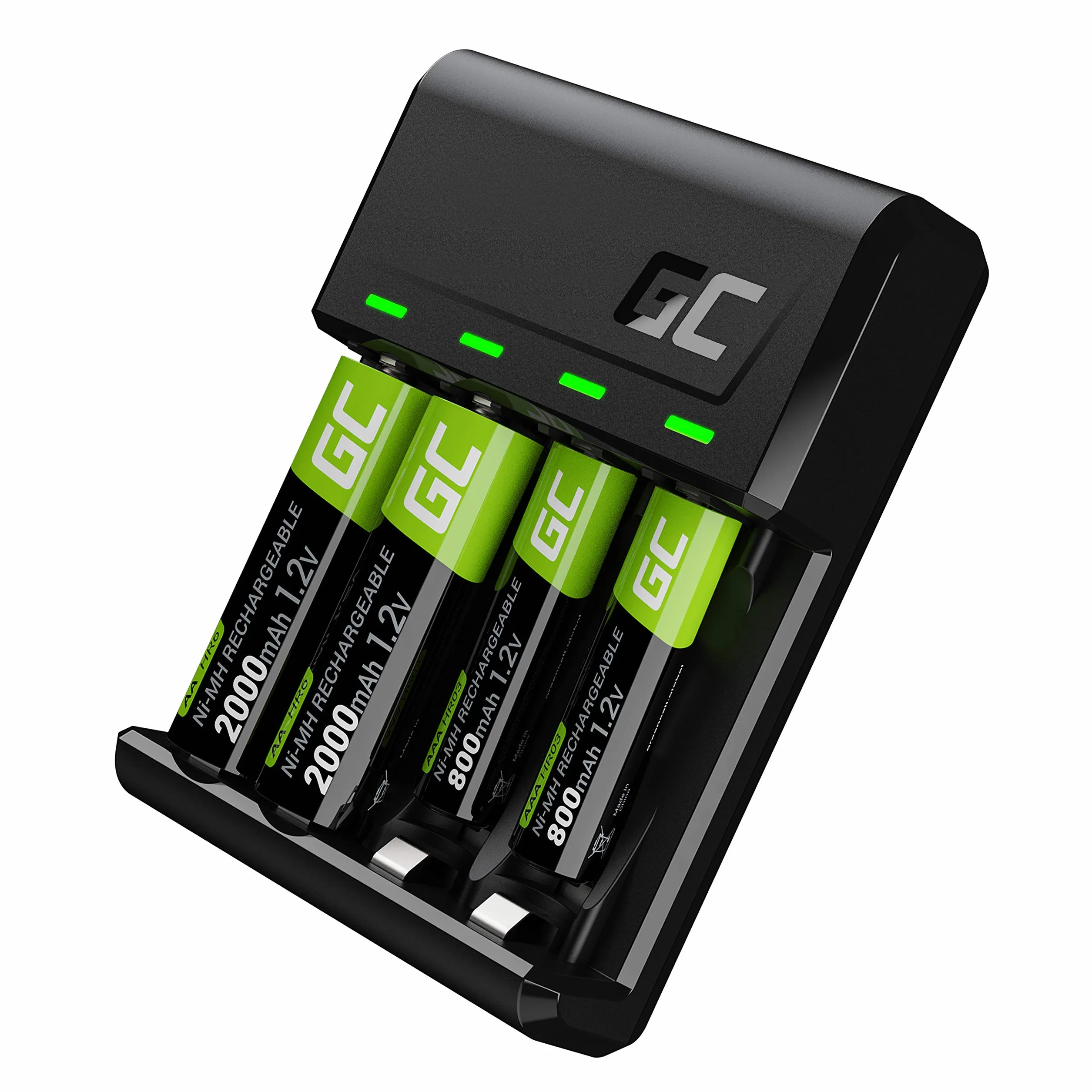 Green Cell VitalCharger - Caricatore + 2 Batterie AA 2000 mAh + 2 Batterie AAA 800 mAh per NI-MH AA AAA R6 R03 Mignon con Micro USB-C. Sistema di Ricarica a 4 Canali - Ricarica da 1 a 4 AA o AAA, LED