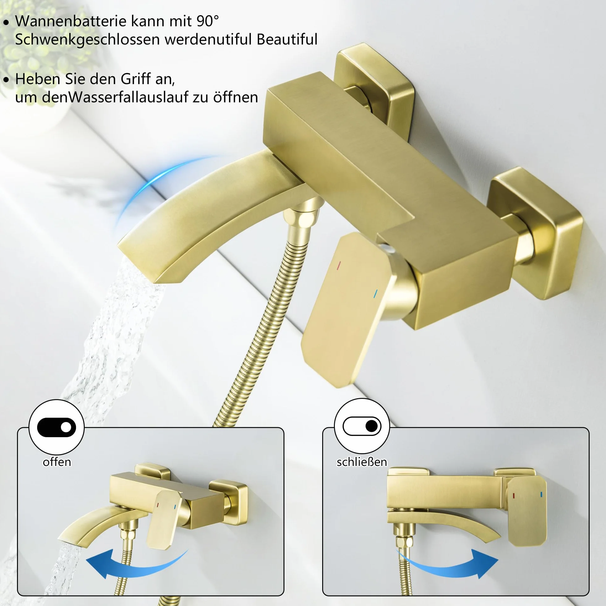 Rubinetto per vasca da bagno oro spazzolato con doccetta grande e beccuccio girevole 90° 3 funzioni