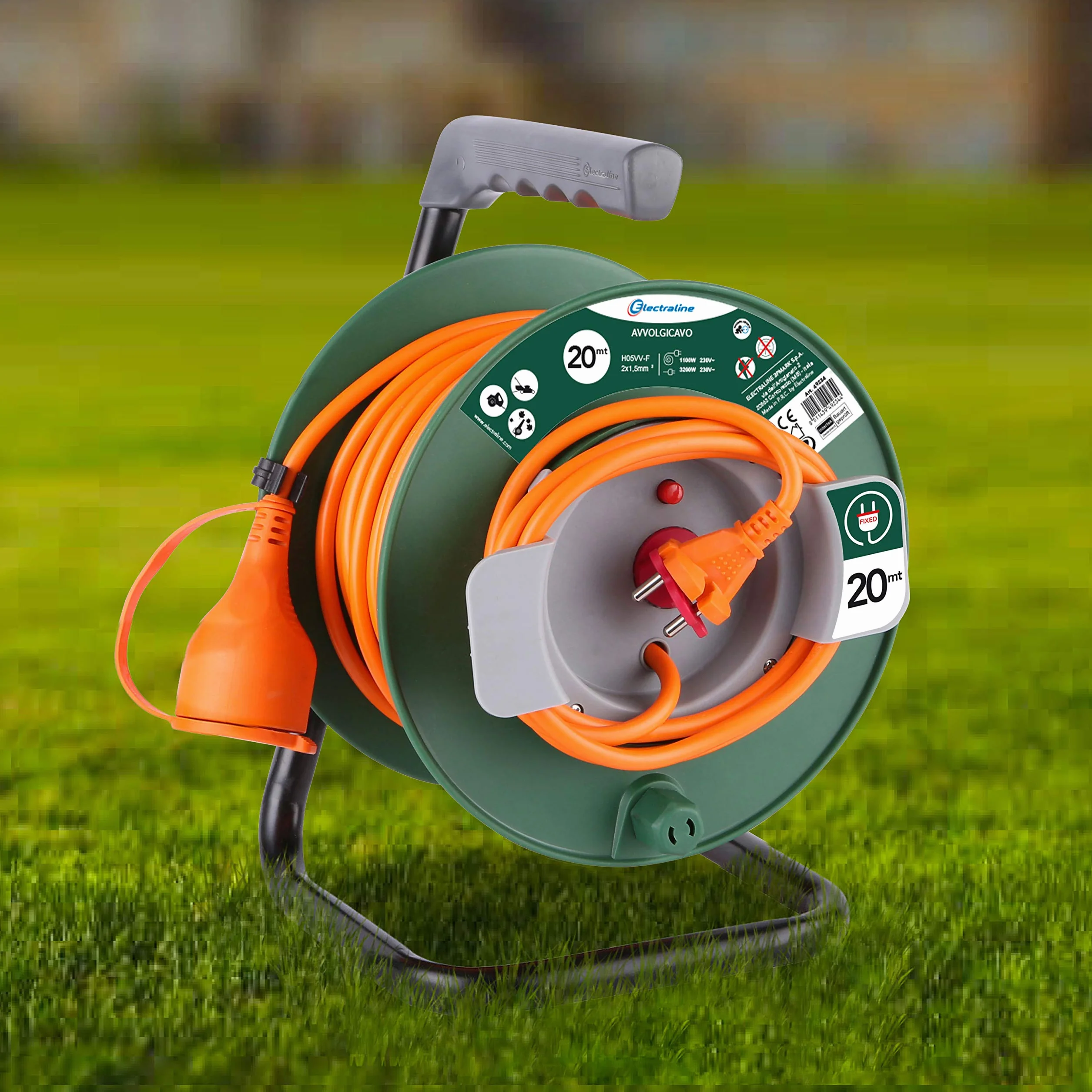 Electraline 49234 Prolunga Giardino con Avvolgicavo, Spina e Presa Europea 2 Poli Adatta per Elettrodomestici da Giardinaggio, con Protezione, 20 Metri