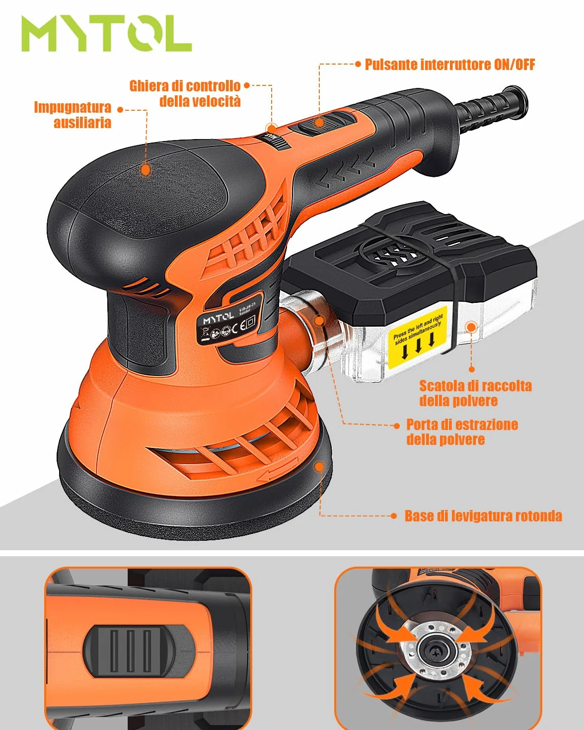 MYTOL 350W Levigatrice orbitale,7 velocità variabili,14 pezzi di carta vetrata(2 vetrata senza polvere)e raccoglitore di polvere,6000-13000U/min,125MM Levigatrice per Legno per la levigatura del legno