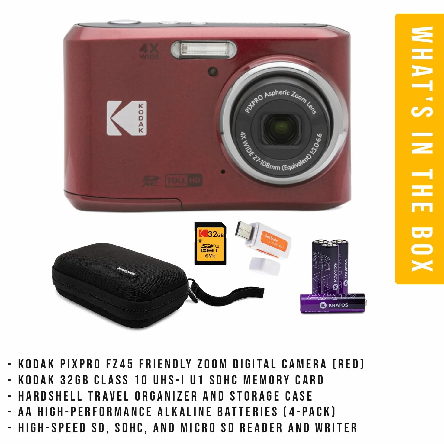 Kodak PIXPRO FZ45 - Fotocamera digitale con zoom amichevole (rosso) scheda memoria 32 GB, organizer viaggio e custodia, batterie alcaline e lettore SD (5 articoli)