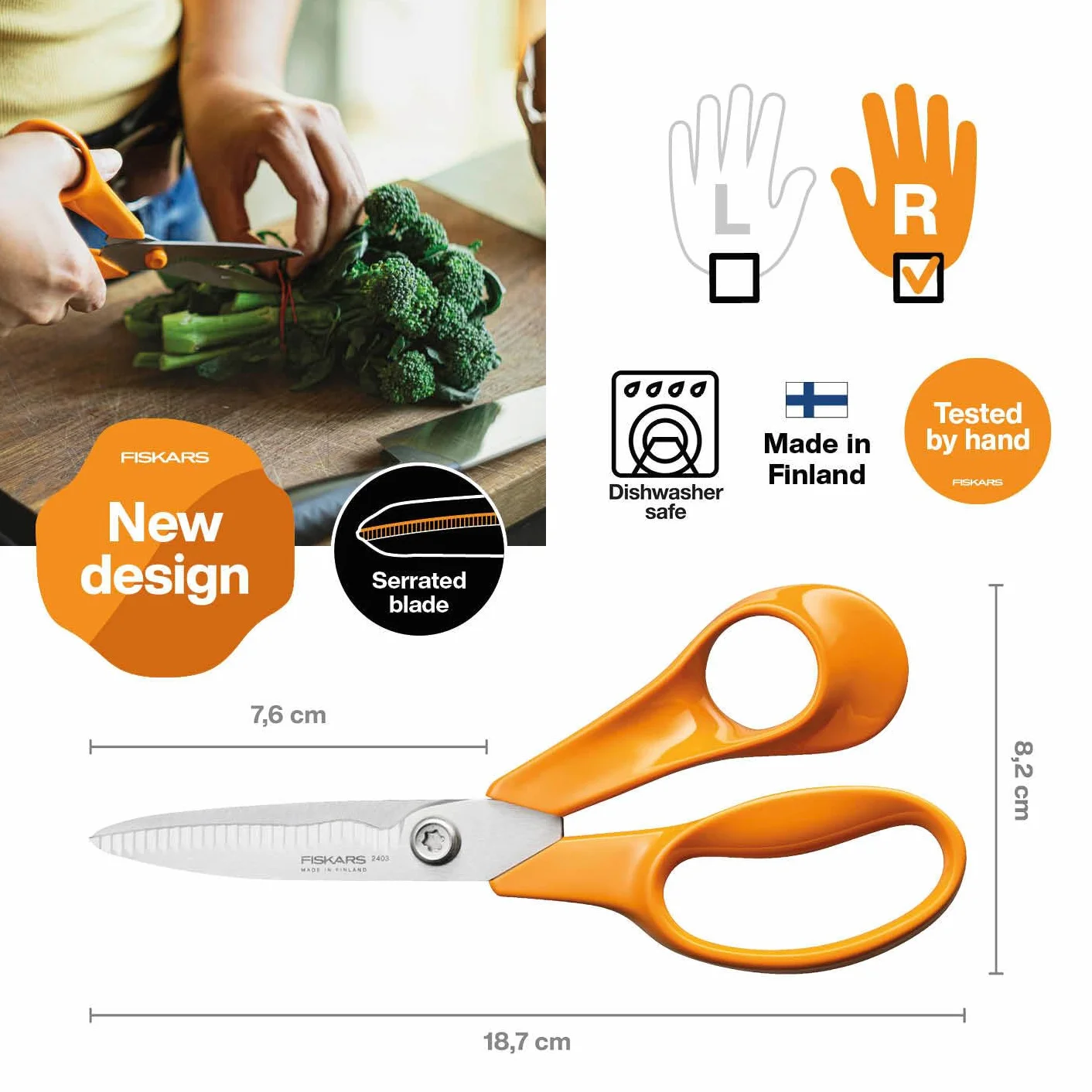Fiskars Classic Forbici da Cucina, Lame Seghettate, Per Destrimani, Lunghezza Totale: 18,7 cm, Vite Torx Migliorata e Impugnatura più Ergonomica, Qualità Acciaio/Plastica, Arancione, 1075051