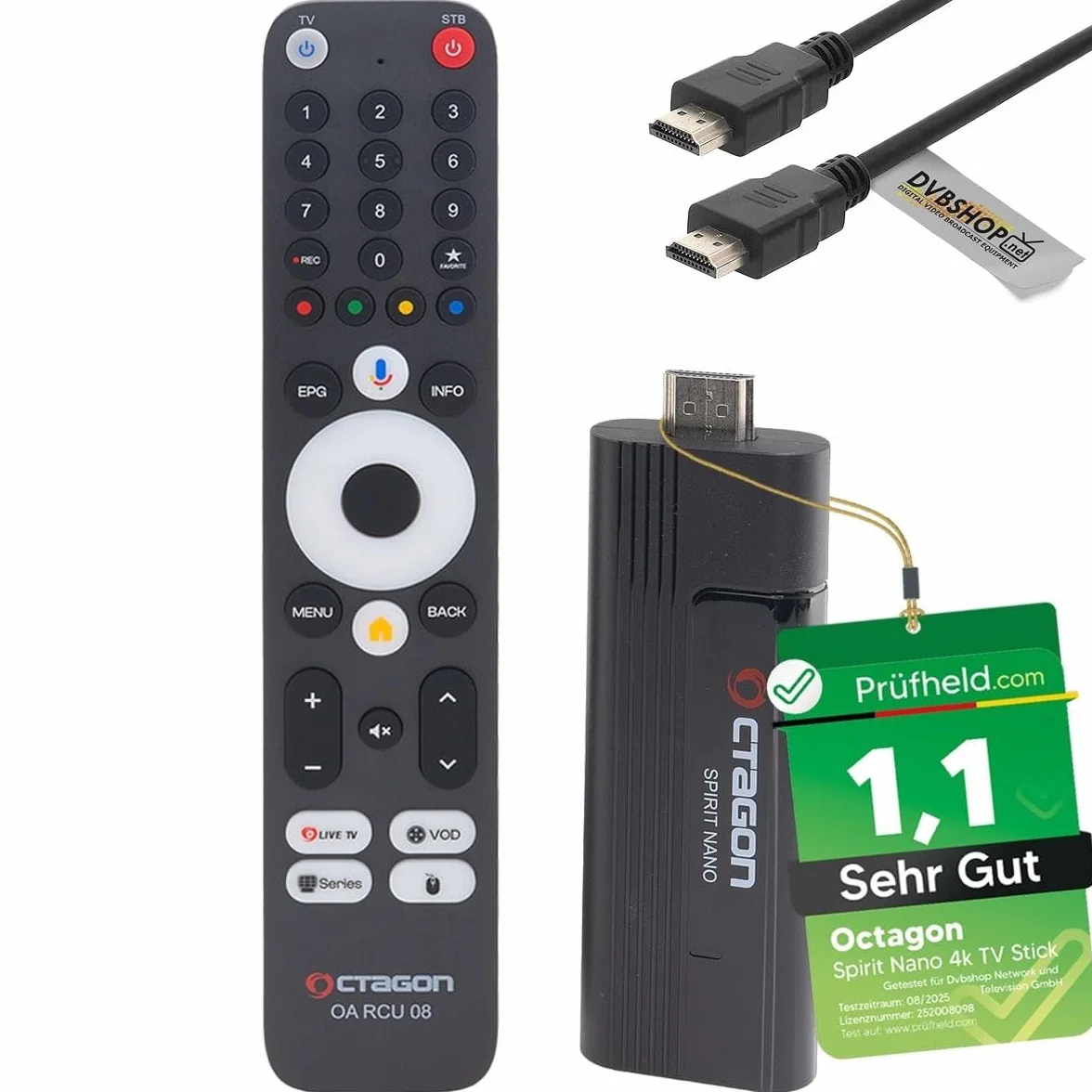 [Test molto buono, Note 1.1 *] OCTAGON Spirit Nano 4K UHD Android TV Stick + adattatore DVBSHOP HDMI, per TV, telecomando Bluetooth, HDR10+, 2 GB e 32 GB, ricevitore IP TV, WiFi, MeTV