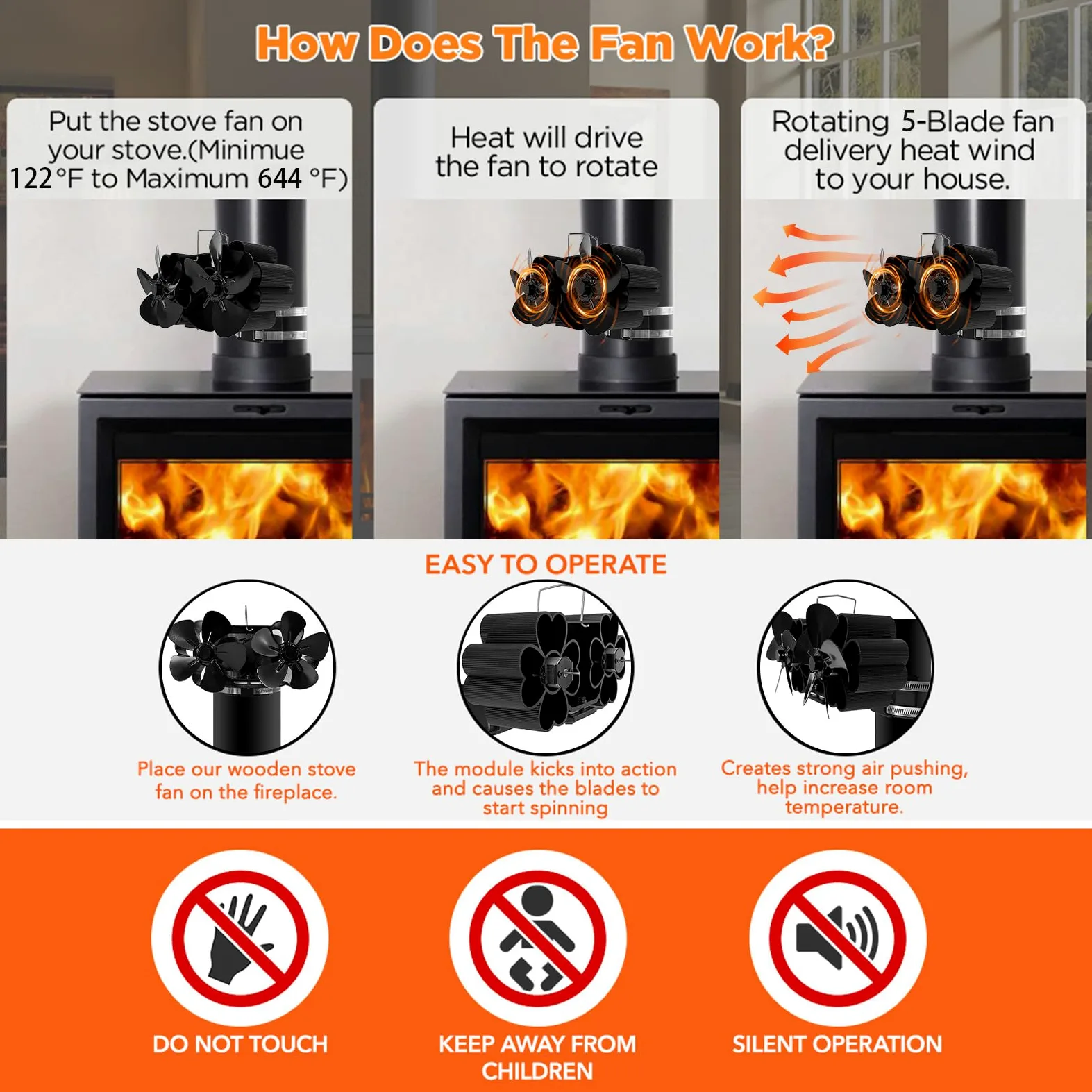 Ventilatore Termico Per Stufa A Legna Protezione Da Surriscaldamento | Ventilatore Attivato Dal Calore Circolazione D'Aria Calda Per Stufe A Pellet, Legna, Car