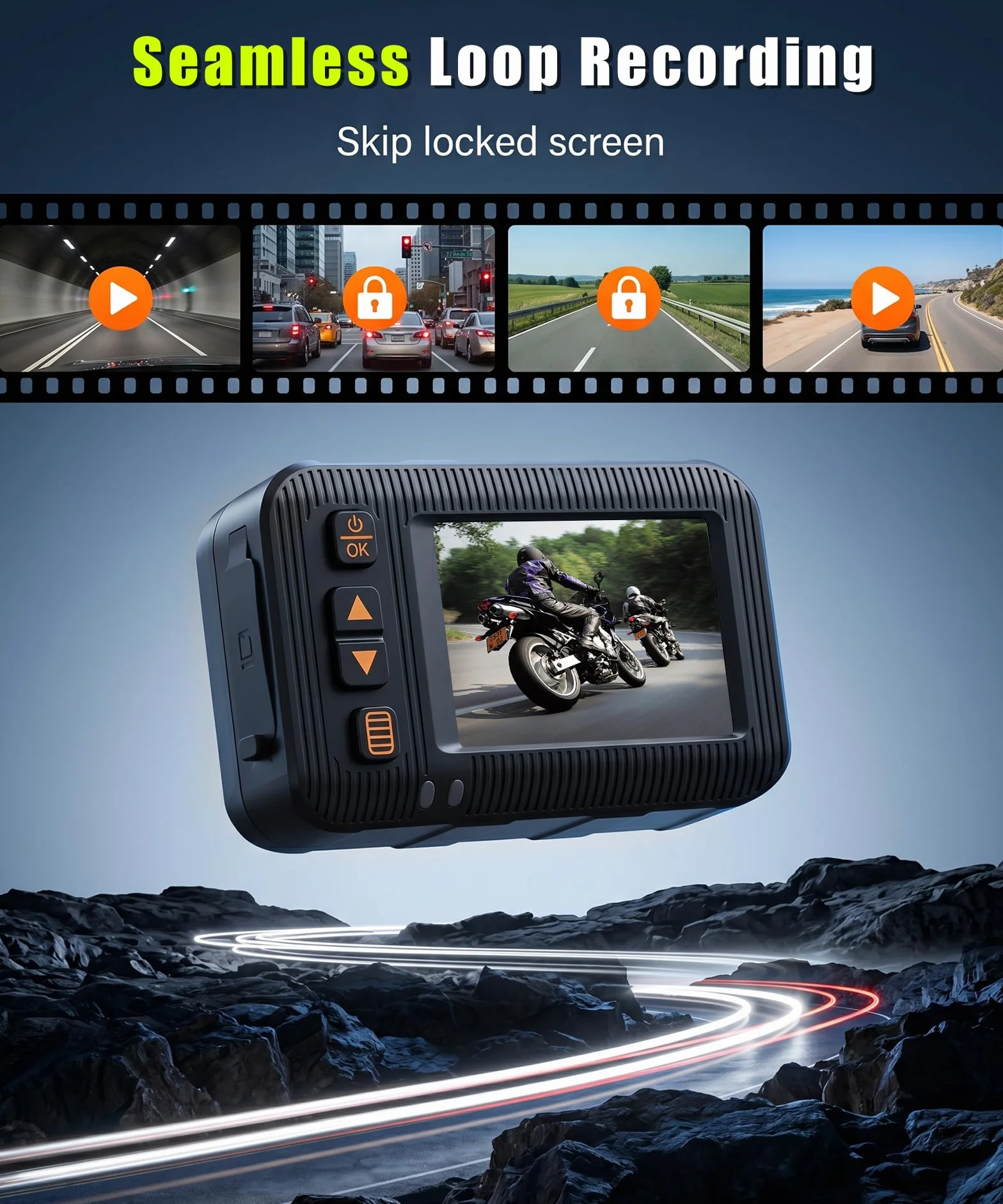 Rimoody Dashcam per Moto 1080P con Due Telecamere, 2" Schermo, Telecamera a Doppia Lente Anteriore e Posteriore, IP67 Impermeabile, Visione Notturna, G-Sensor, Loop Video, Monitoraggio di Parcheggio