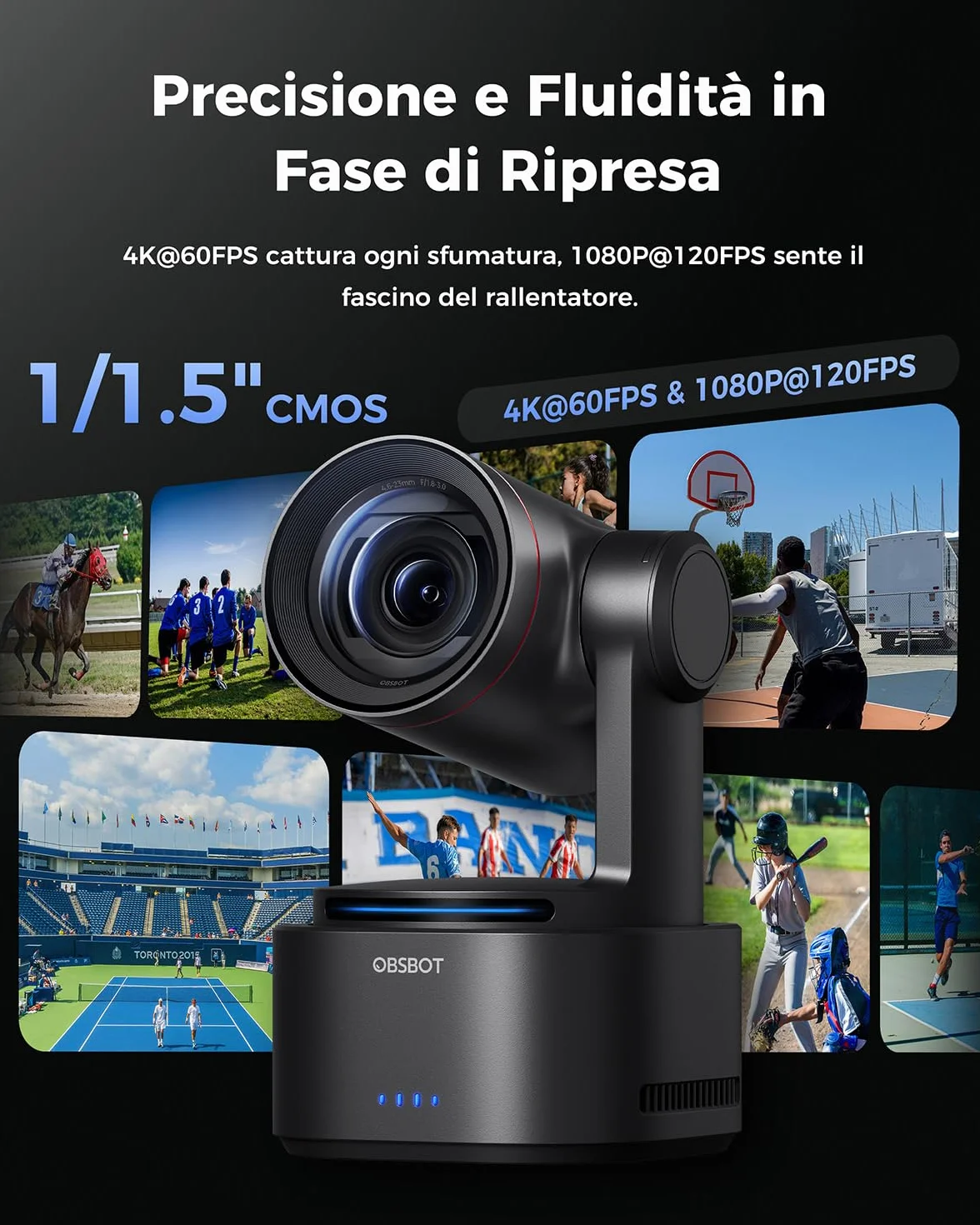 OBSBOT Tail 2 con NDI, PTZR Camera 4K@60FPS, Pro AI Tracking, 1/1.5" CMOS, 50MP, Zoom Ottico 5X, Zoom Ibrido 12X, Uscita SDI/HDMI/IP/USB 3.0, Live Streaming per Istruzione, Conferenze, Culto, Live