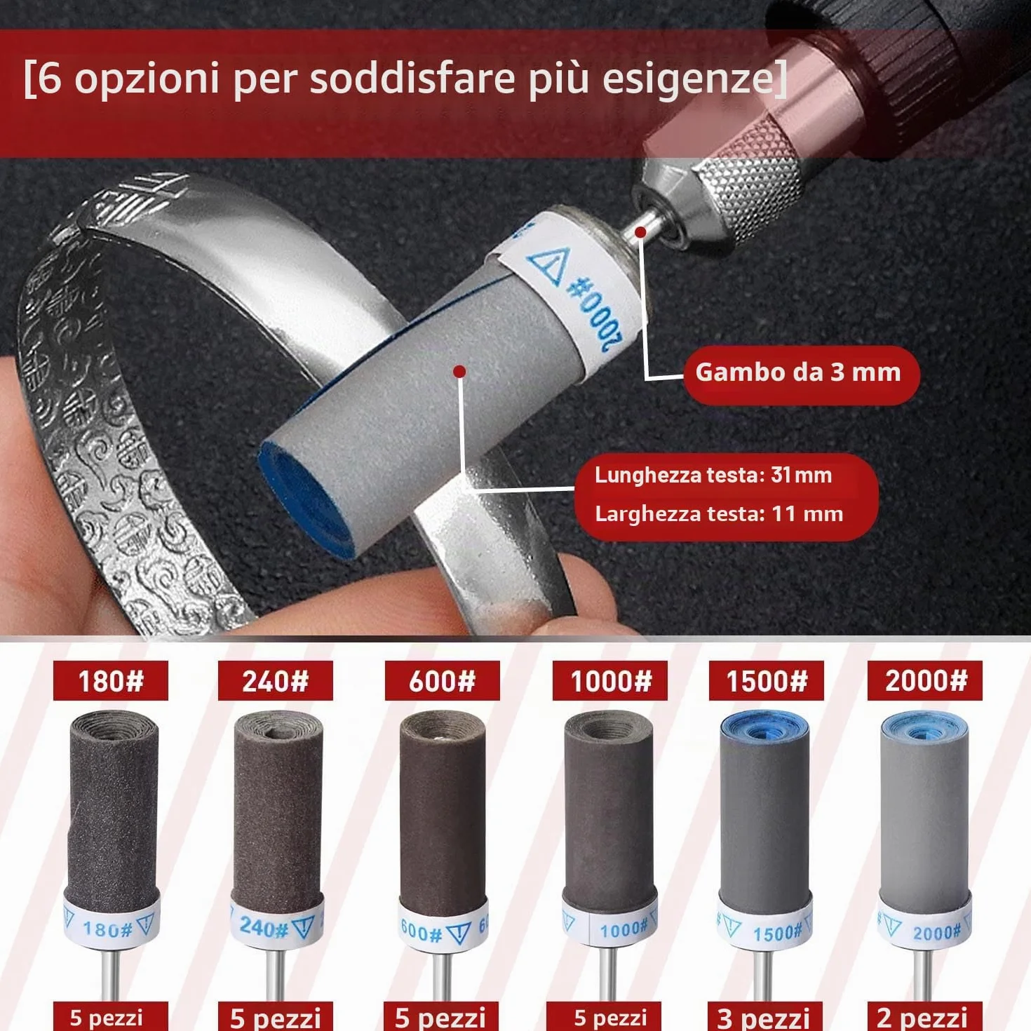 Pezzi Tamburi Abrasivi Manicotti Dremel 180/240/600/1000/1500/2000 Grana 3 mm Legno Levigatura Lucidatura