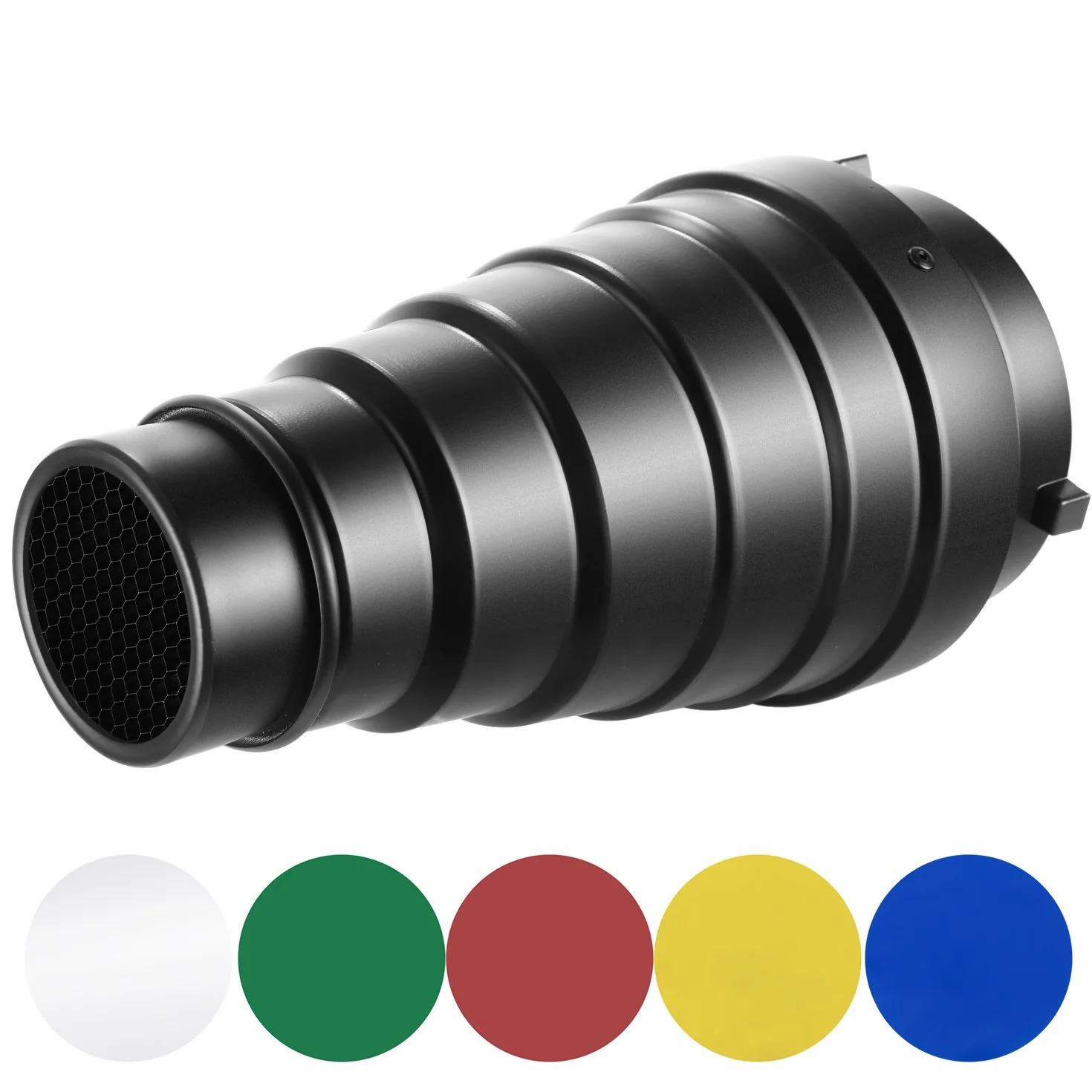 Neewer Kit Medio Alloy Snoot in Lega di Alluminio con Griglia a Nido d'Ape e 5 Pezzi Filtri Gel Colorati per Bowens Mount Studio Strobe Monoluce Fotografia Flash Luce