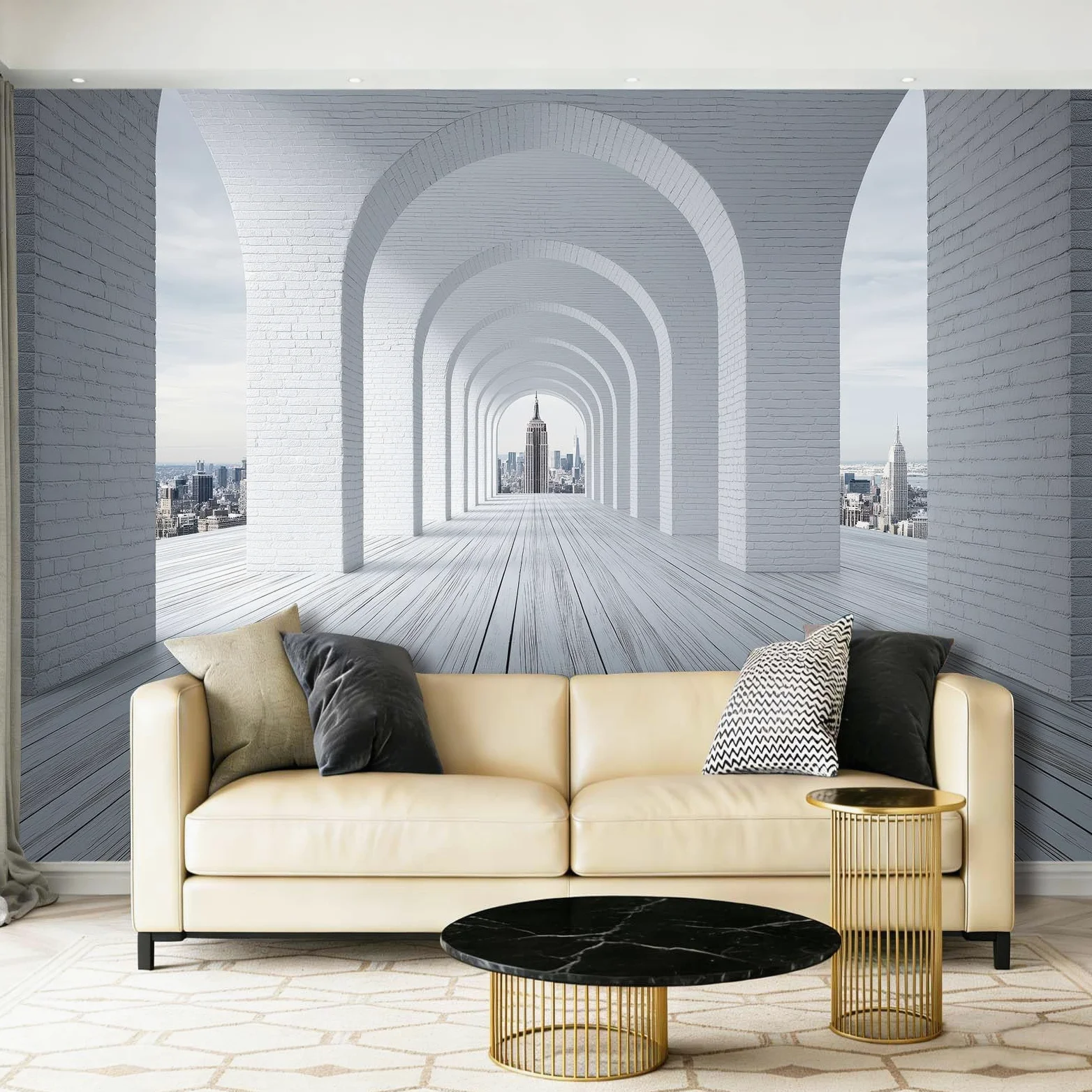 Carta da parati fotografica 3D, moderna e industriale, con tunnel e arco di mattoni, grattacieli, decorazione da parete, 300 x 210 cm, in tessuto non tessuto, misura XL, per soggiorno, camera da letto
