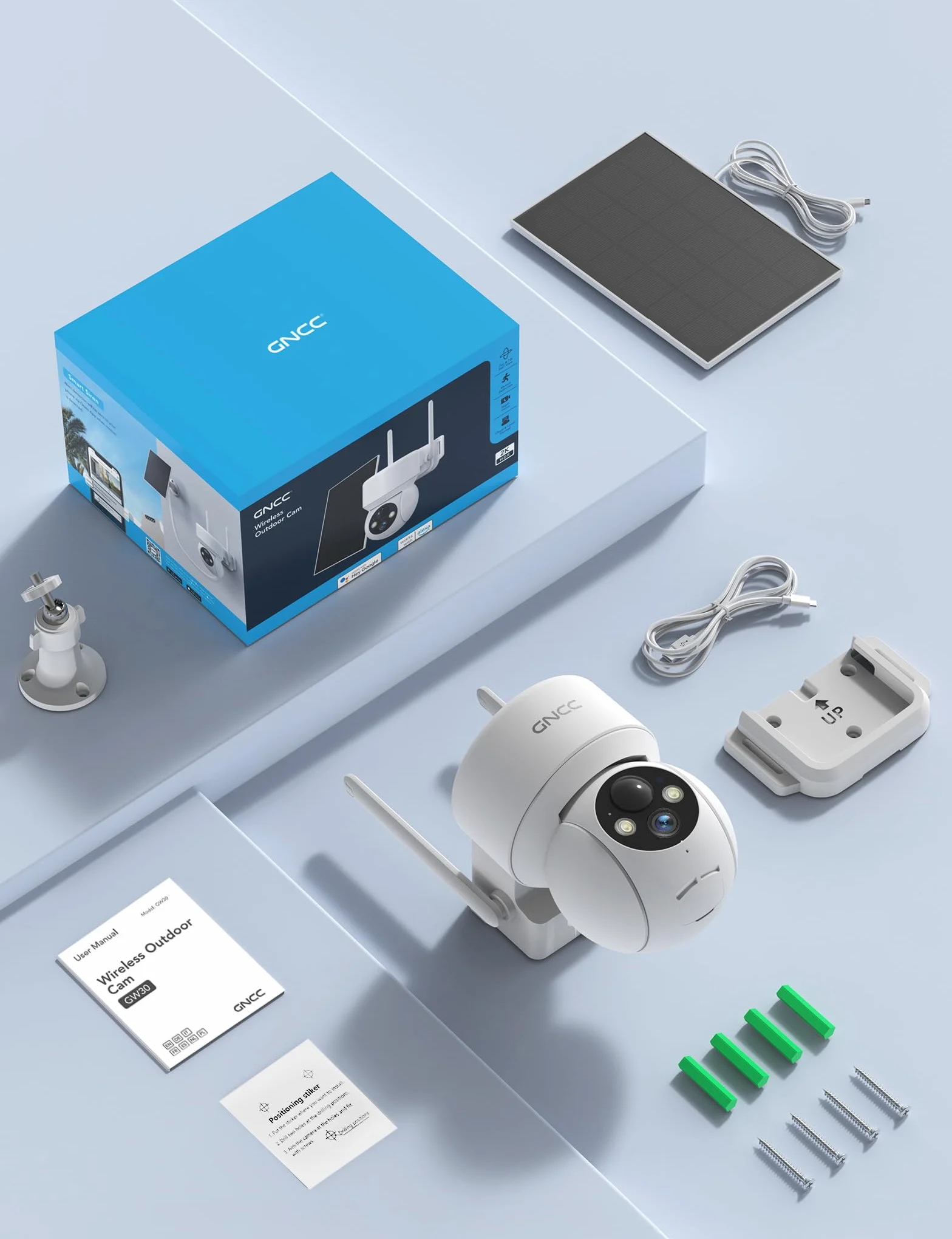 GNCC Telecamera WiFi Esterno Senza Fili con Pannello Solare, 2MP Videocamera Sorveglianza Esterno a Batteria 5200mAh, Rilevamento PIR/Umano, 360° PTZ, Visione Notturna a Colori, Audio Bidirezionale